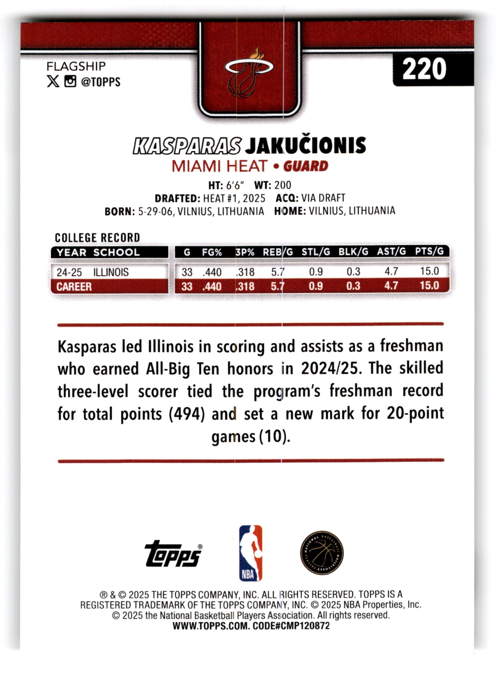 2025 Topps Flagship Kasparas Jakucionis #220 RC