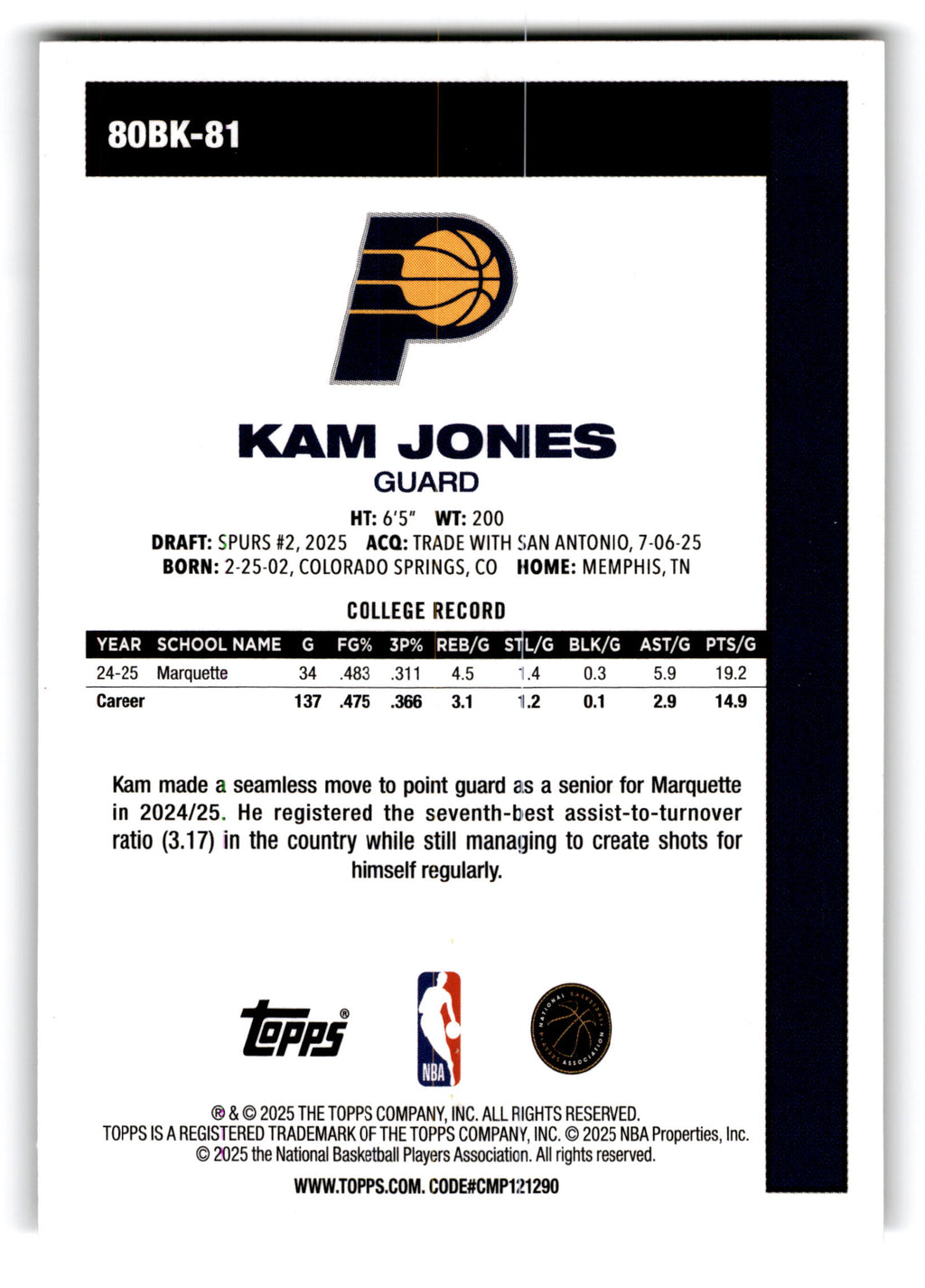 2025 Topps Basketball Kam Jones #80BK-81 RC
