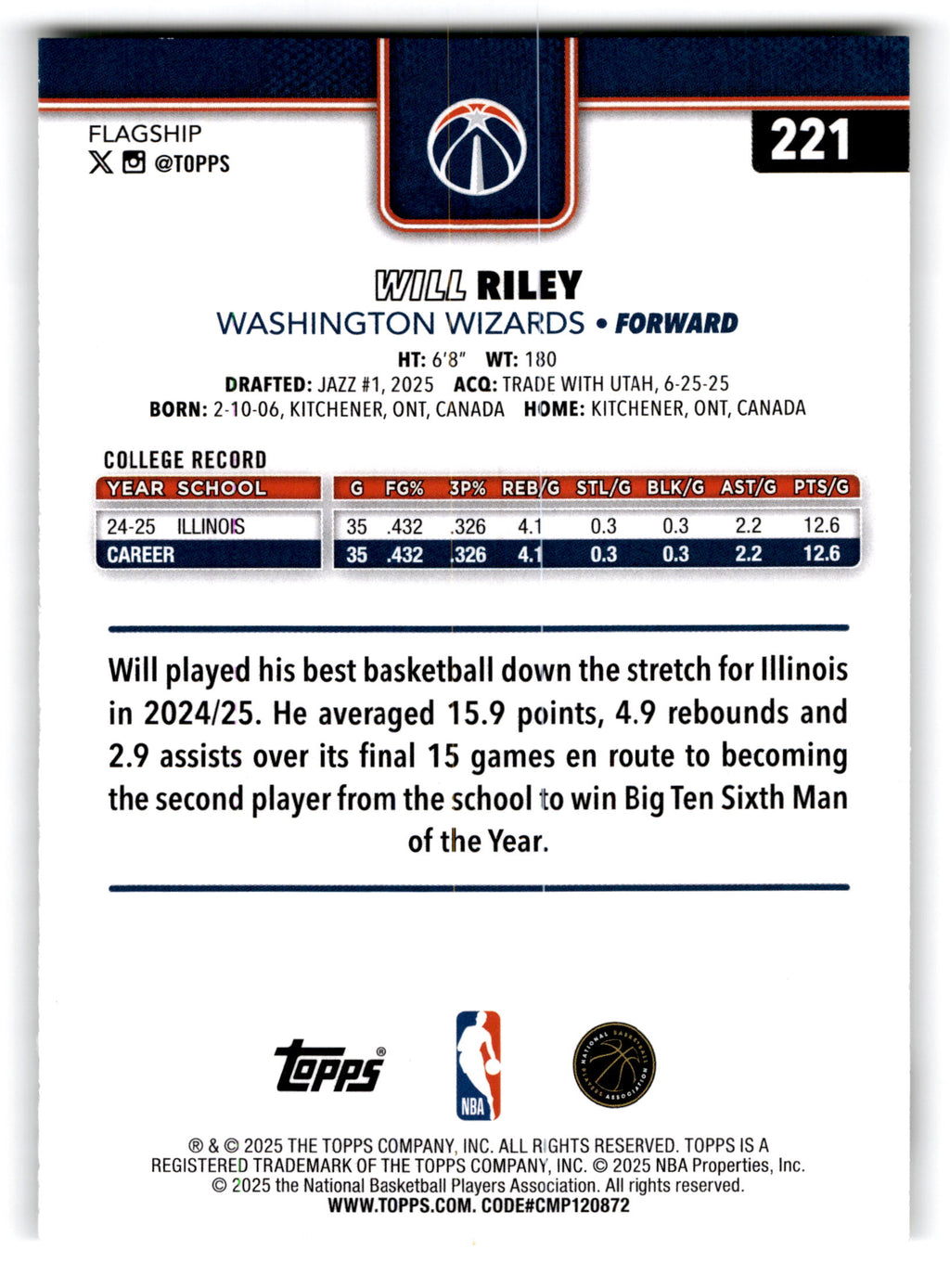 2025 Topps Flagship Will Riley #221 RC