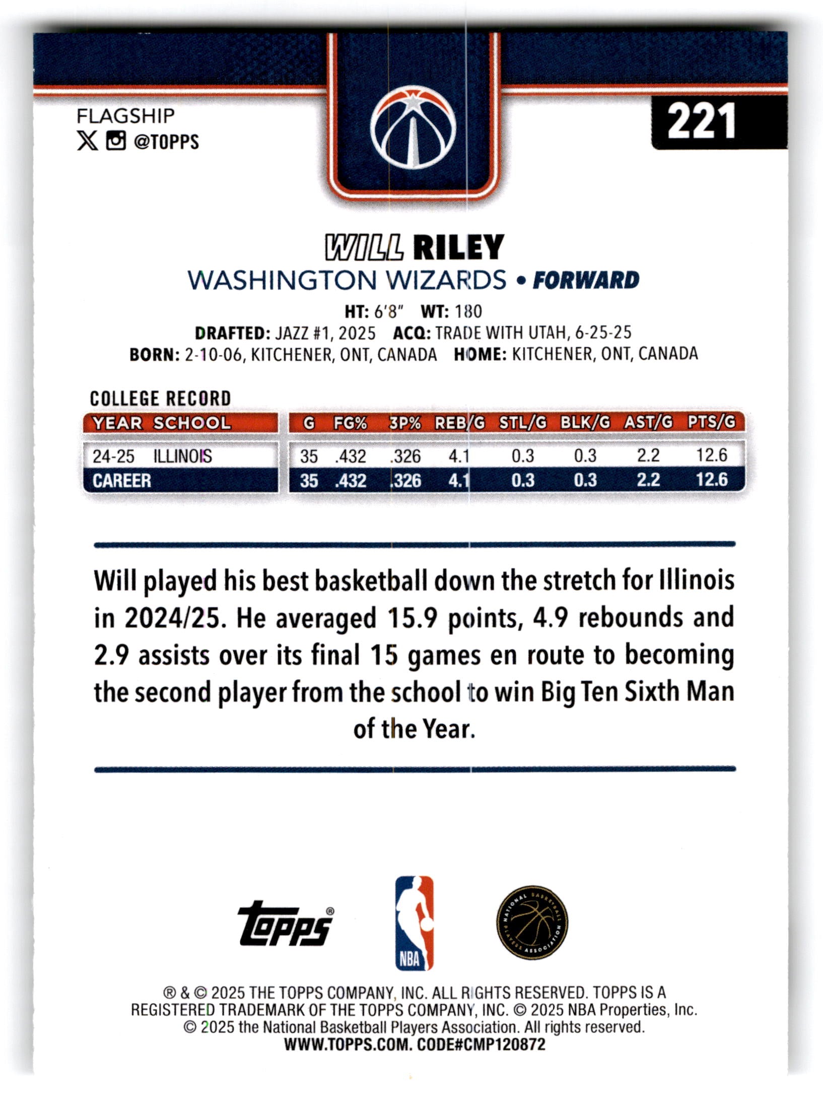 2025 Topps Flagship Will Riley #221 RC