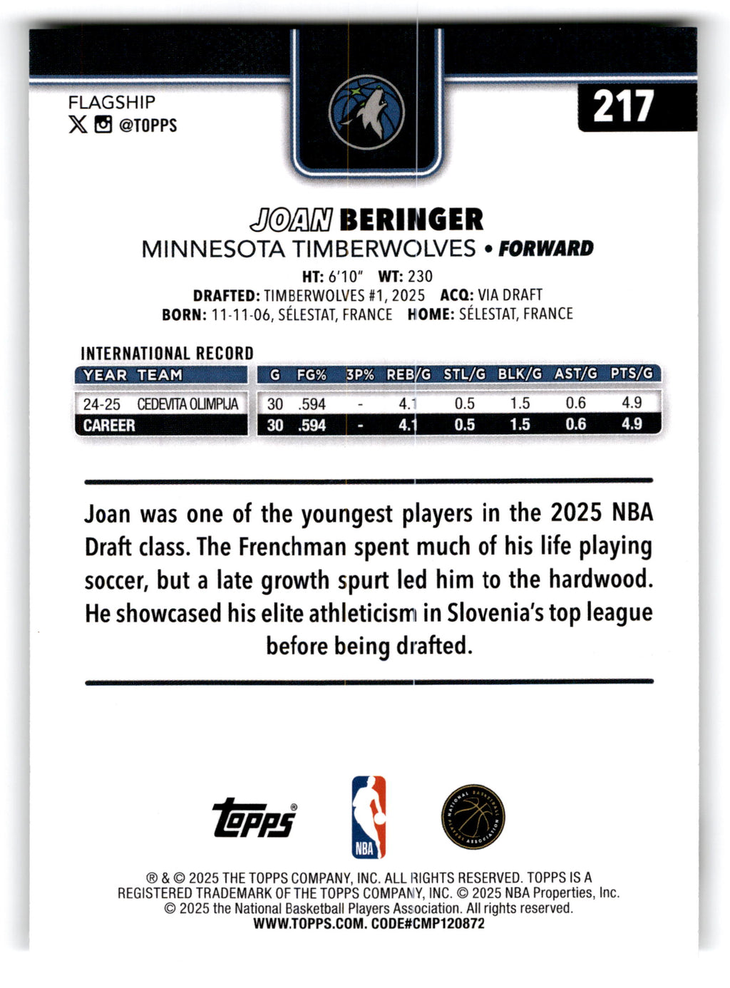 2025 Topps Flagship Joan Beringer #217 RC