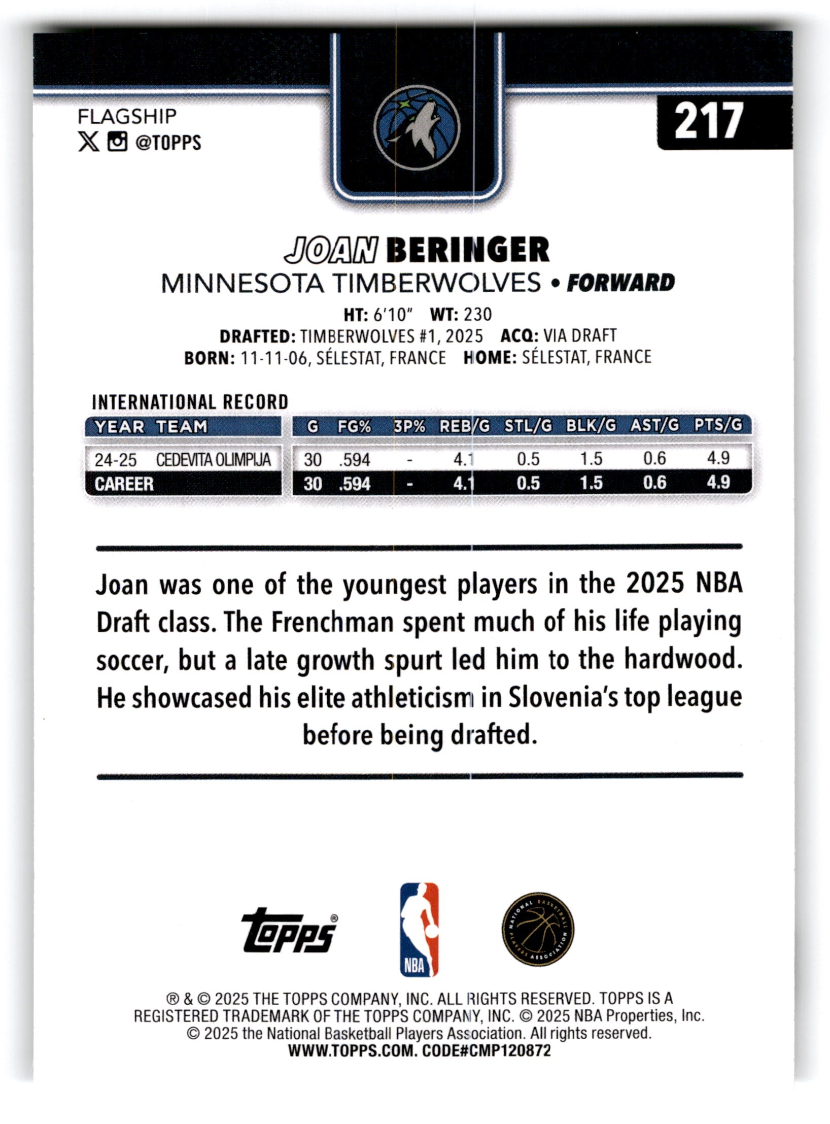 2025 Topps Flagship Joan Beringer #217 RC