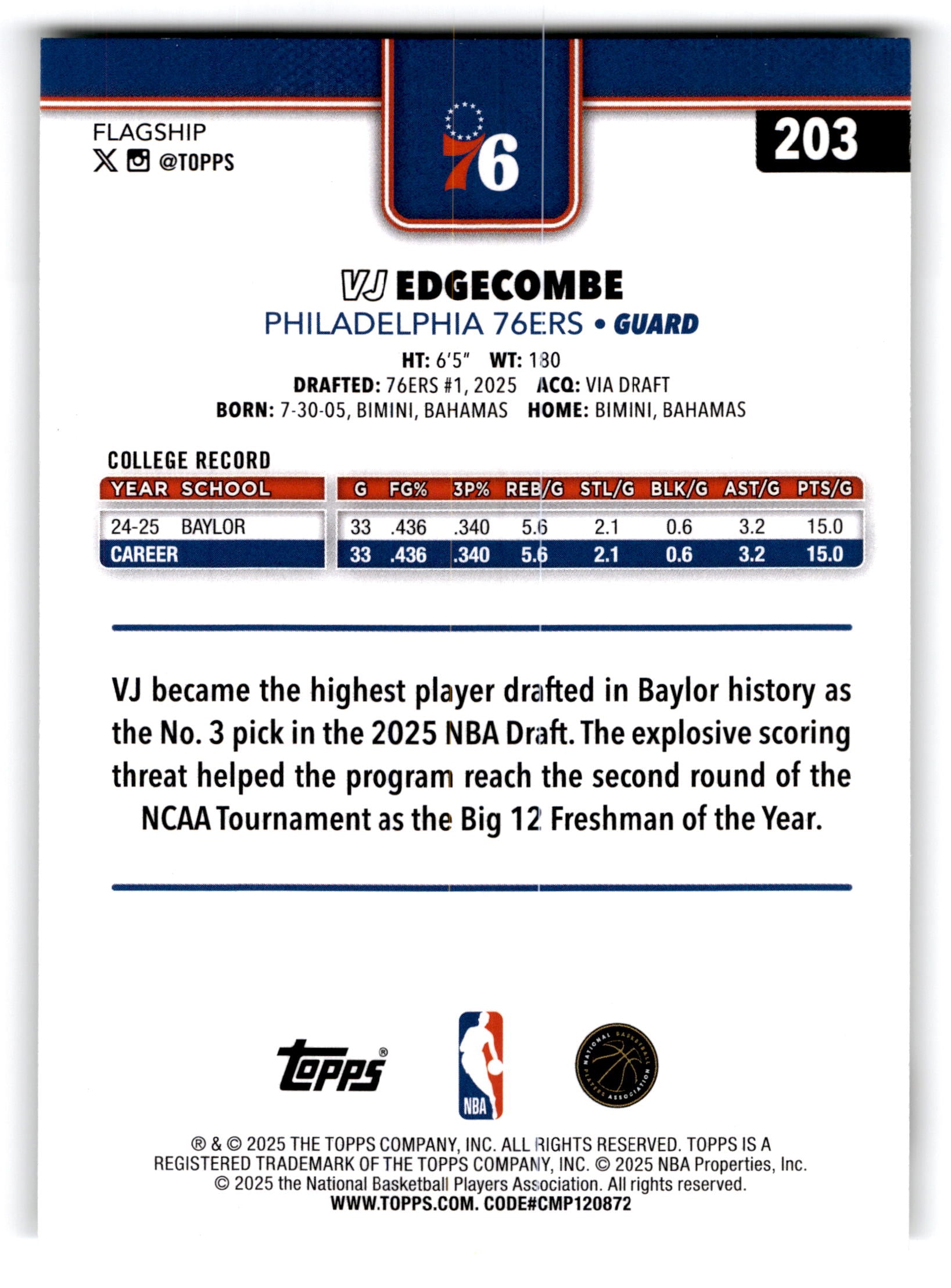 2025 Topps Basketball VJ Edgecombe #203 RC