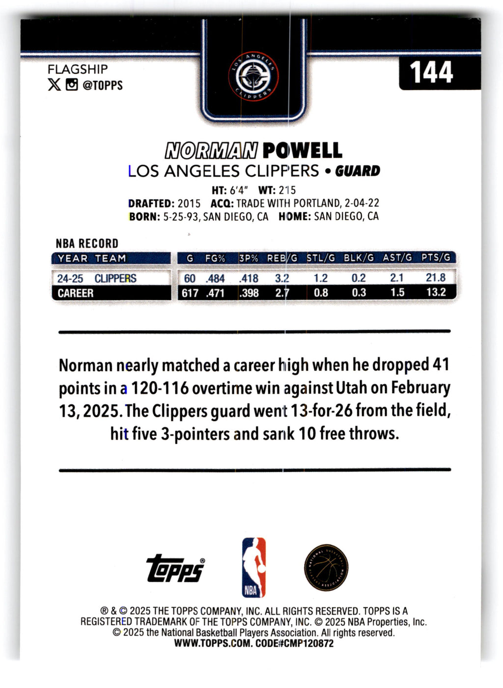 2025 Topps Flagship Norman Powell #144