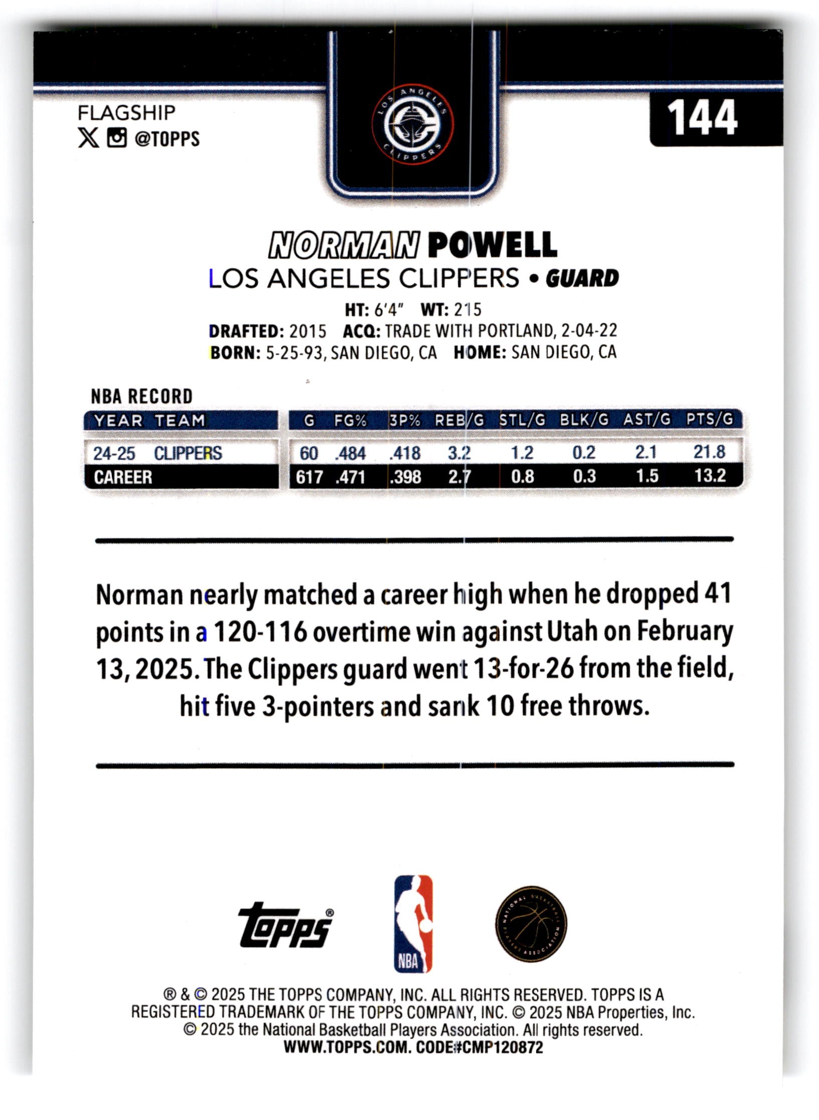 2025 Topps Flagship Norman Powell #144