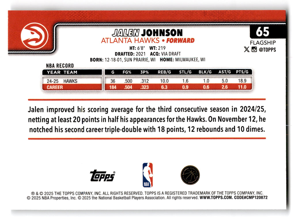 2025 Topps Flagship Jalen Johnson #65