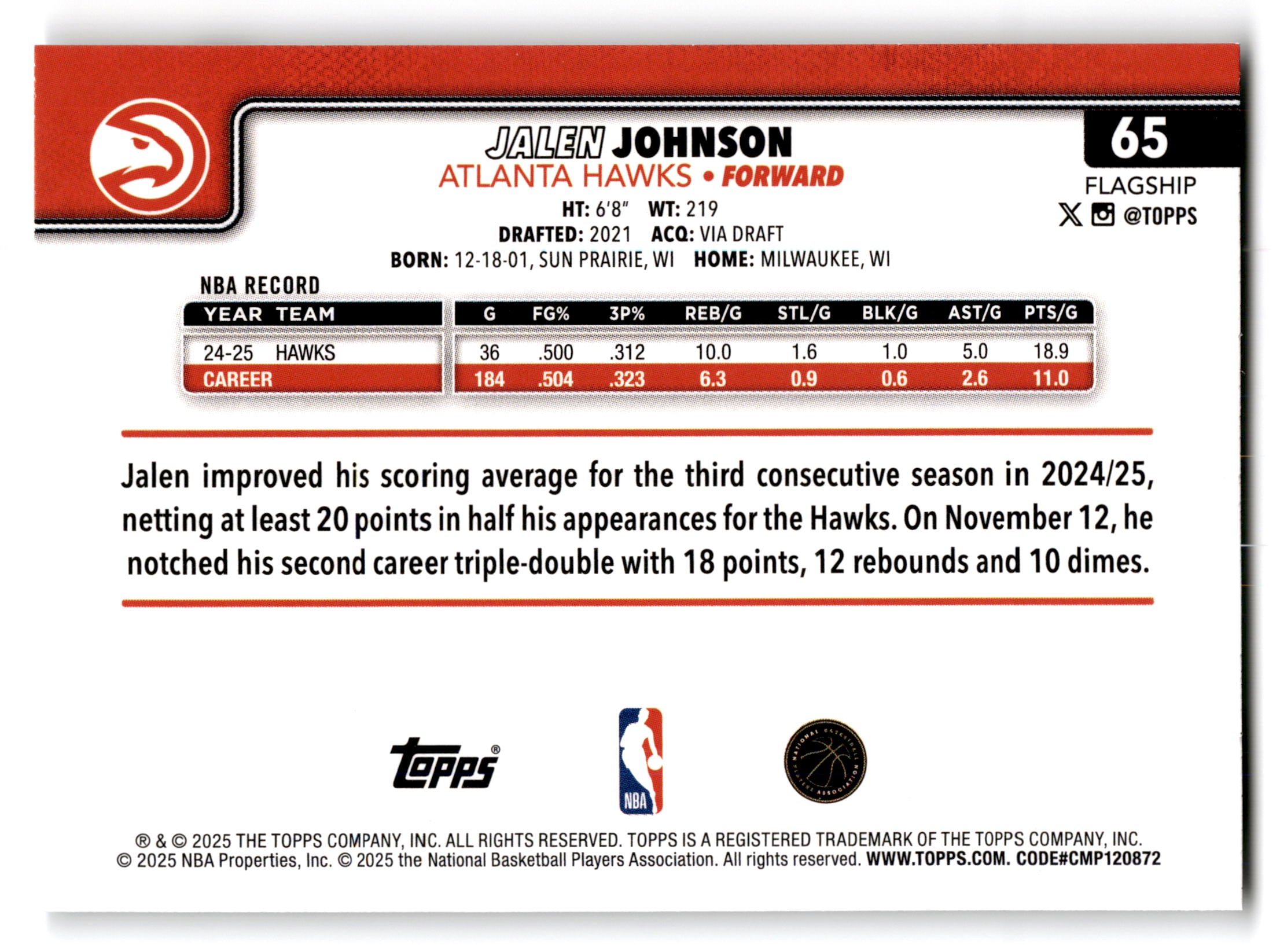 2025 Topps Flagship Jalen Johnson #65