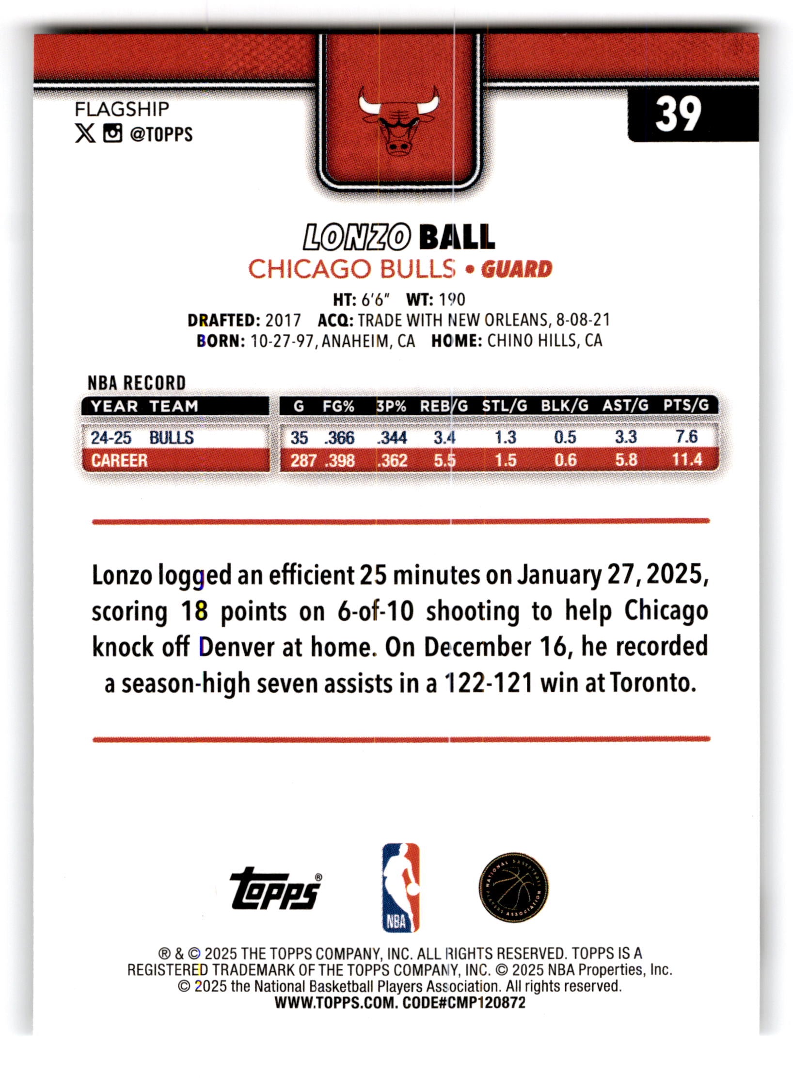 2025 Topps Flagship Lonzo Ball #39