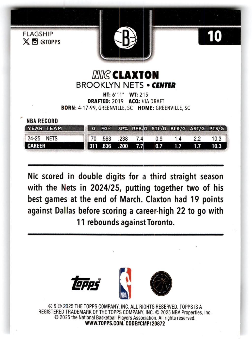 2025 Topps Flagship Nic Claxton #10