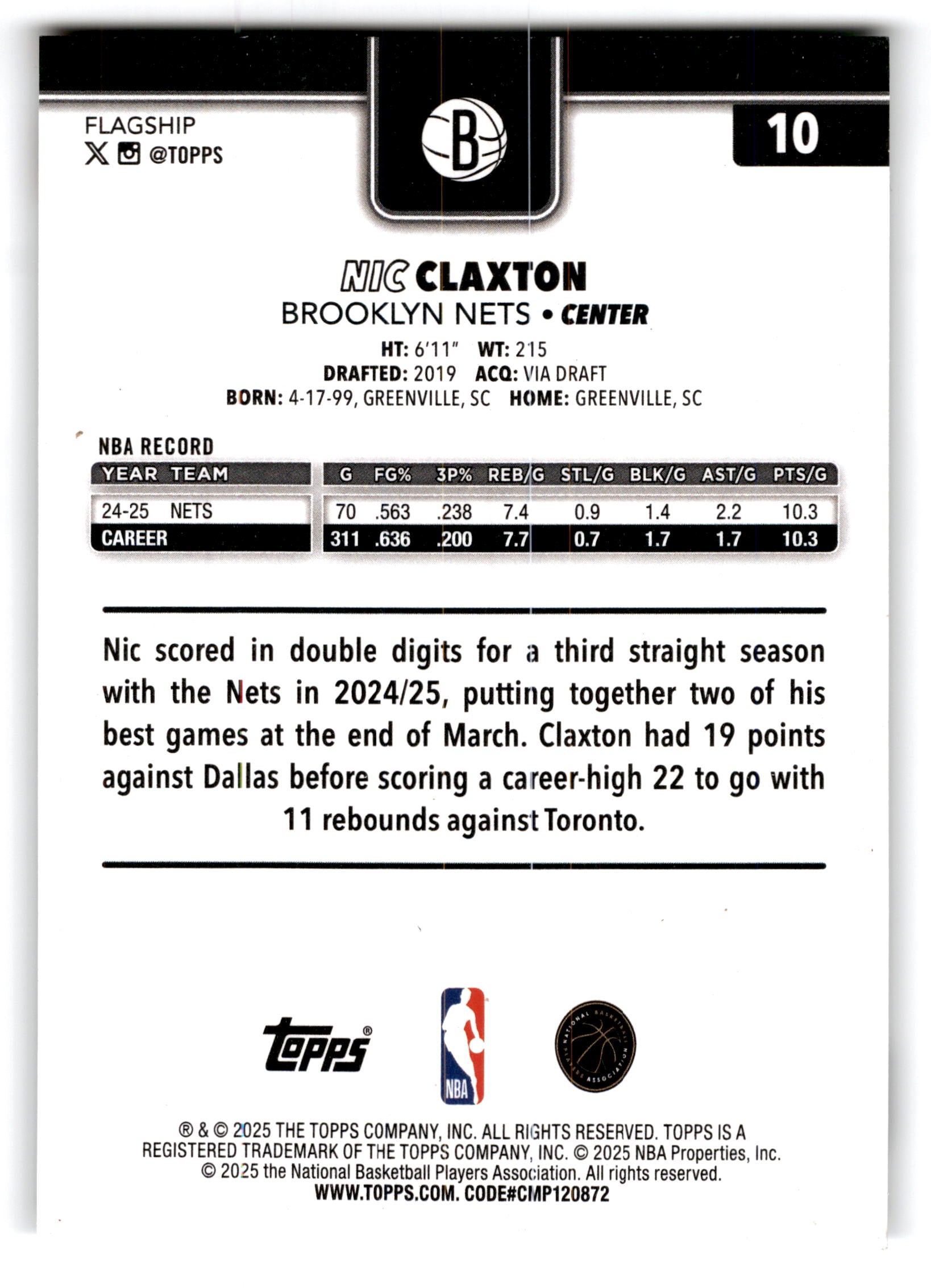 2025 Topps Flagship Nic Claxton #10