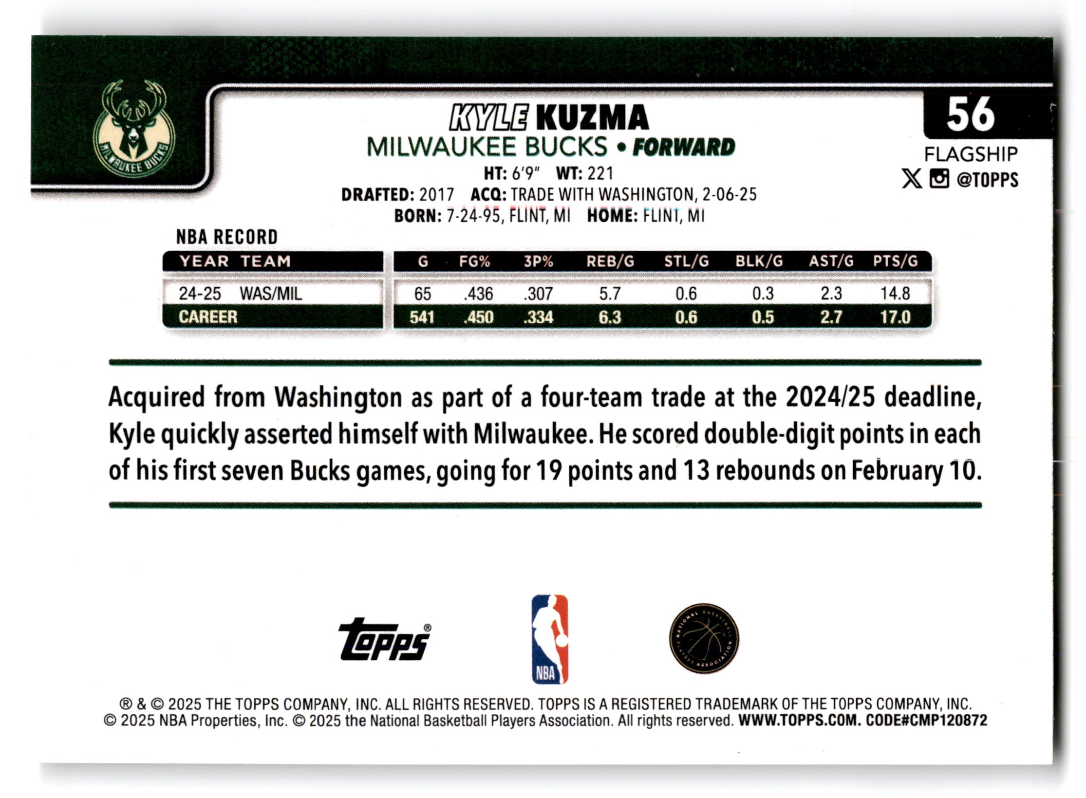 2025 Topps Flagship Kyle Kuzma #56