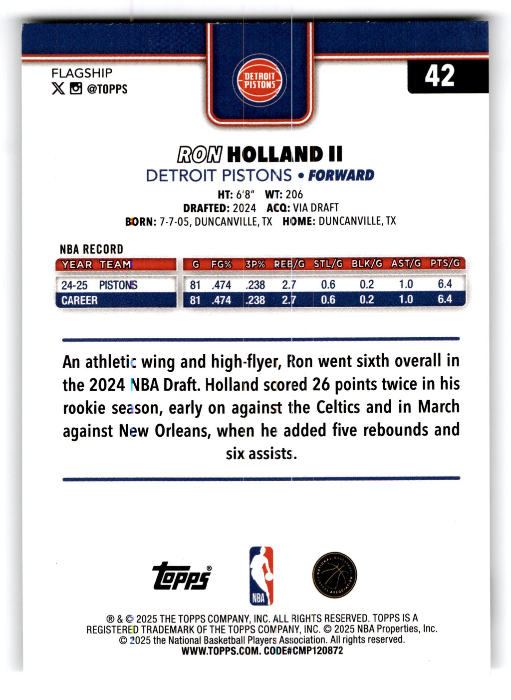 2025 Topps Flagship Basketball Ron Holland II #42
