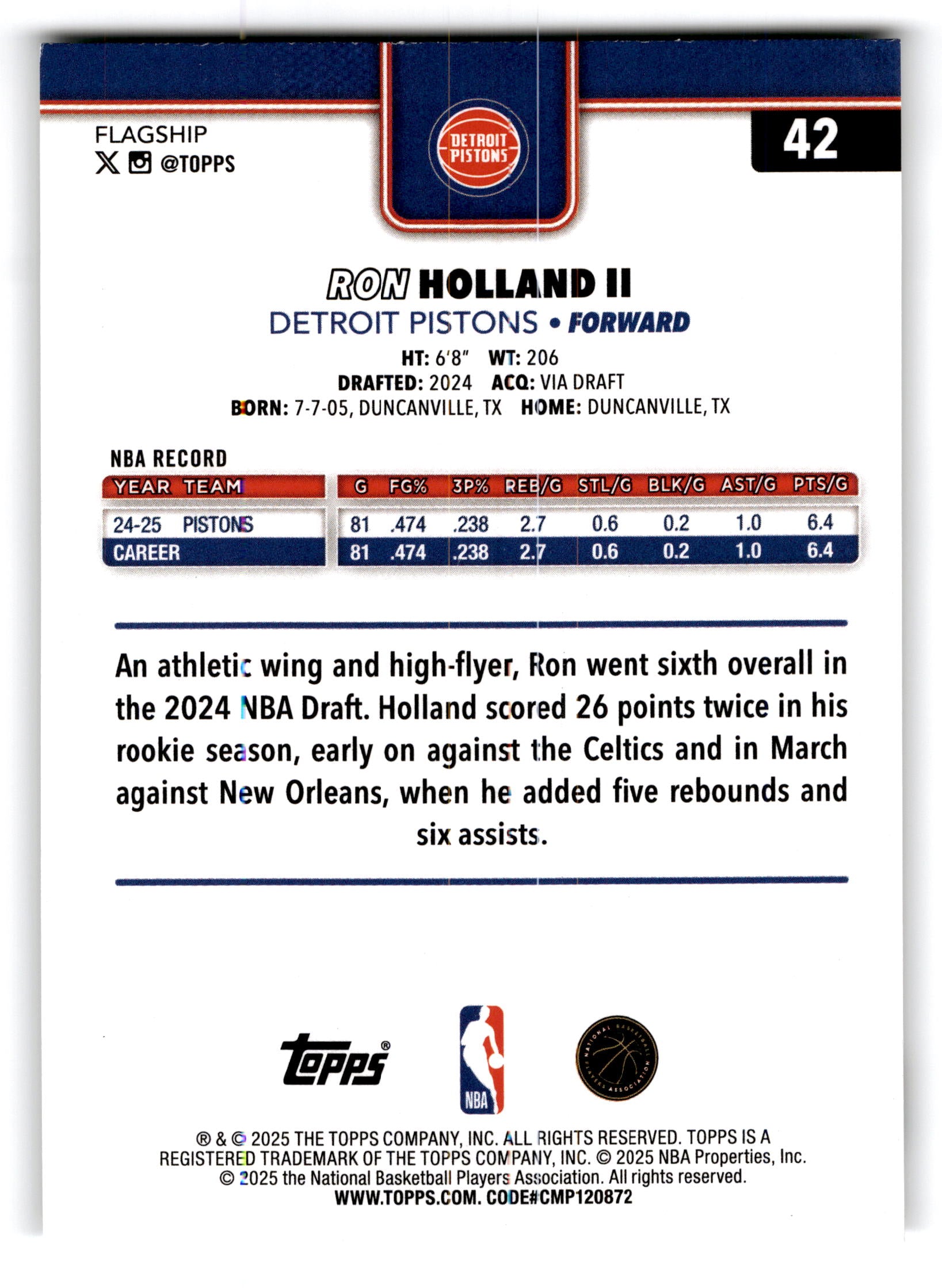 2025 Topps Flagship Basketball Ron Holland II #42