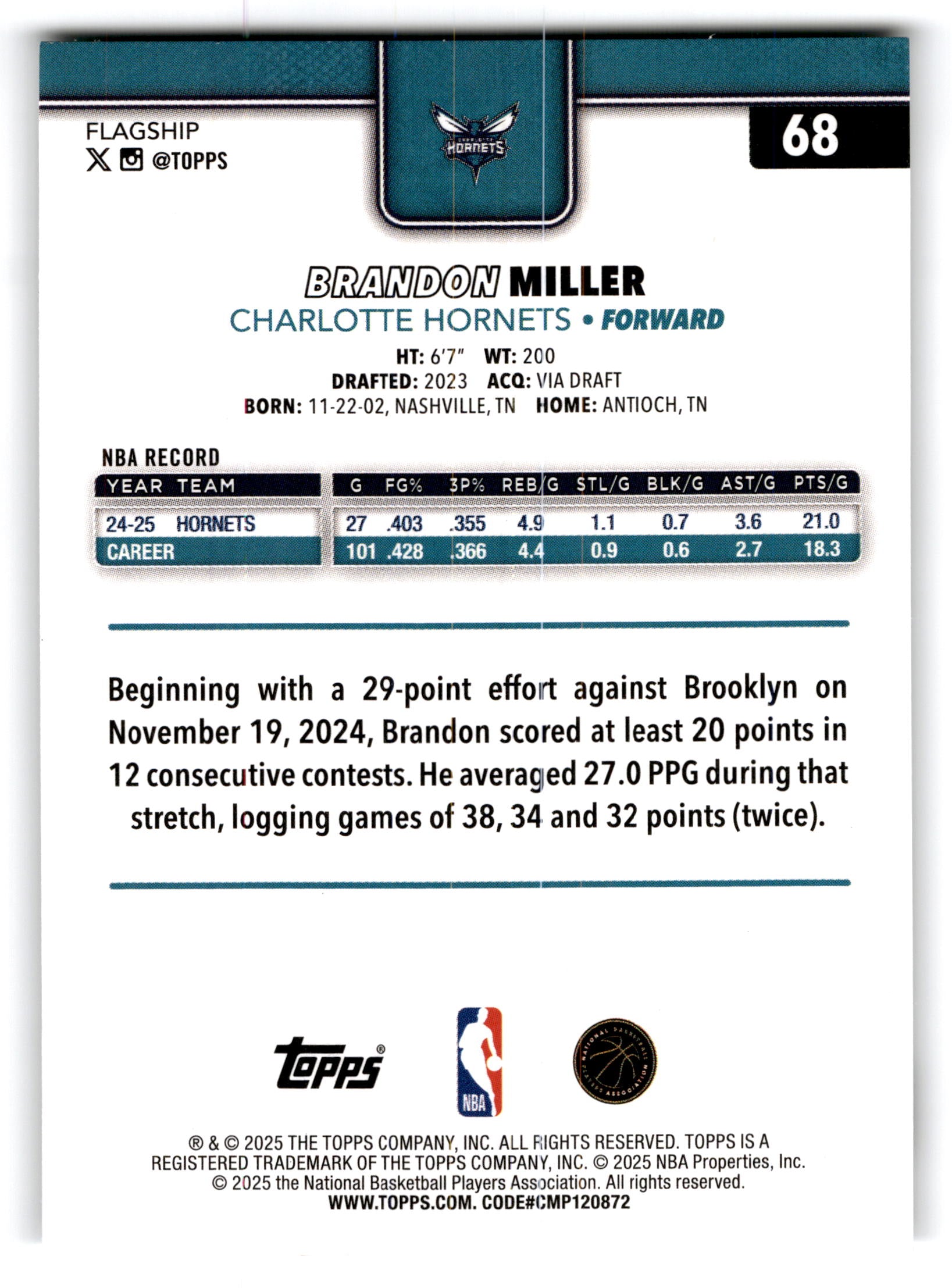2025 Topps Brandon Miller #68