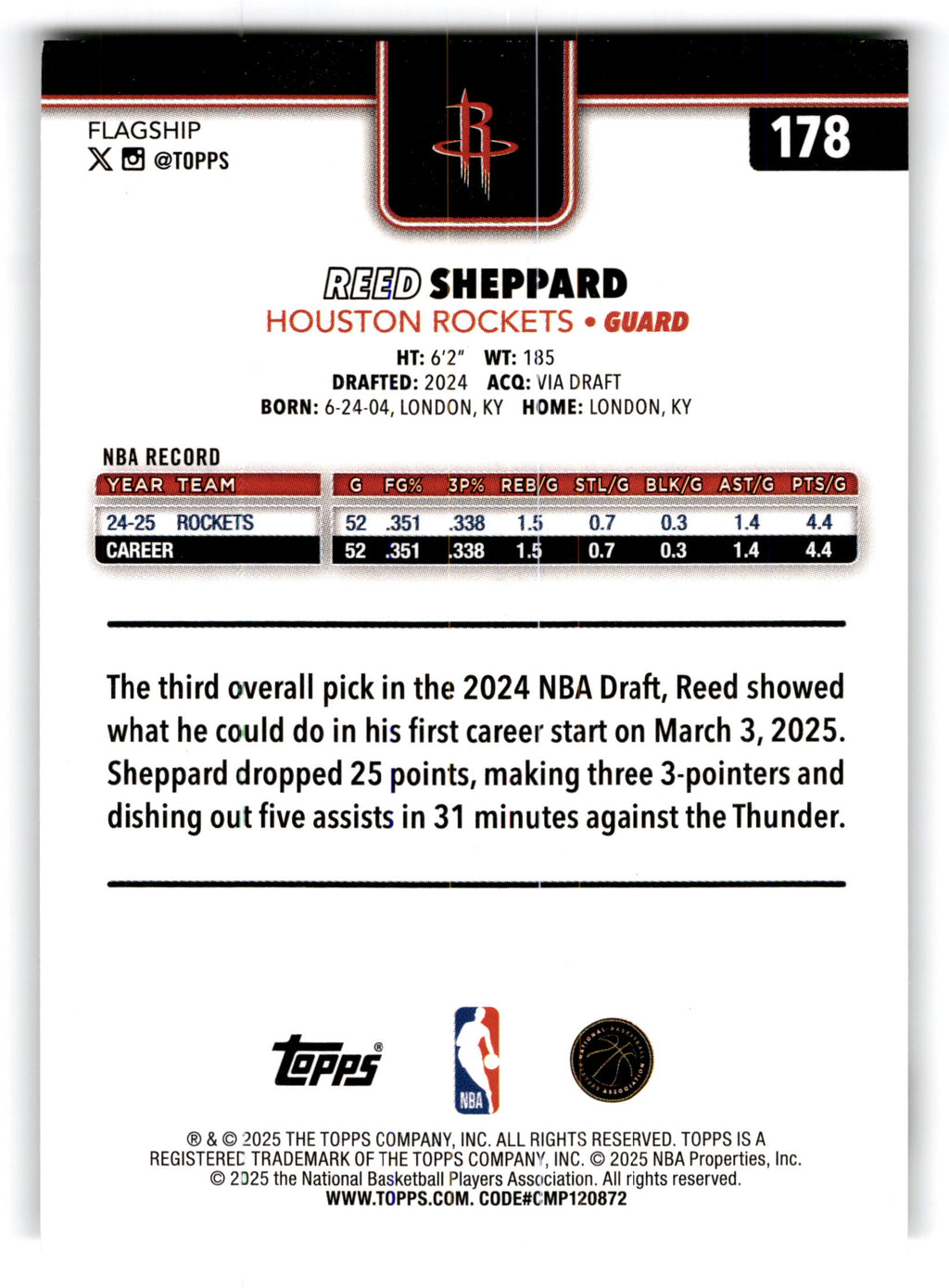 2025 Topps Flagship Reed Sheppard #178
