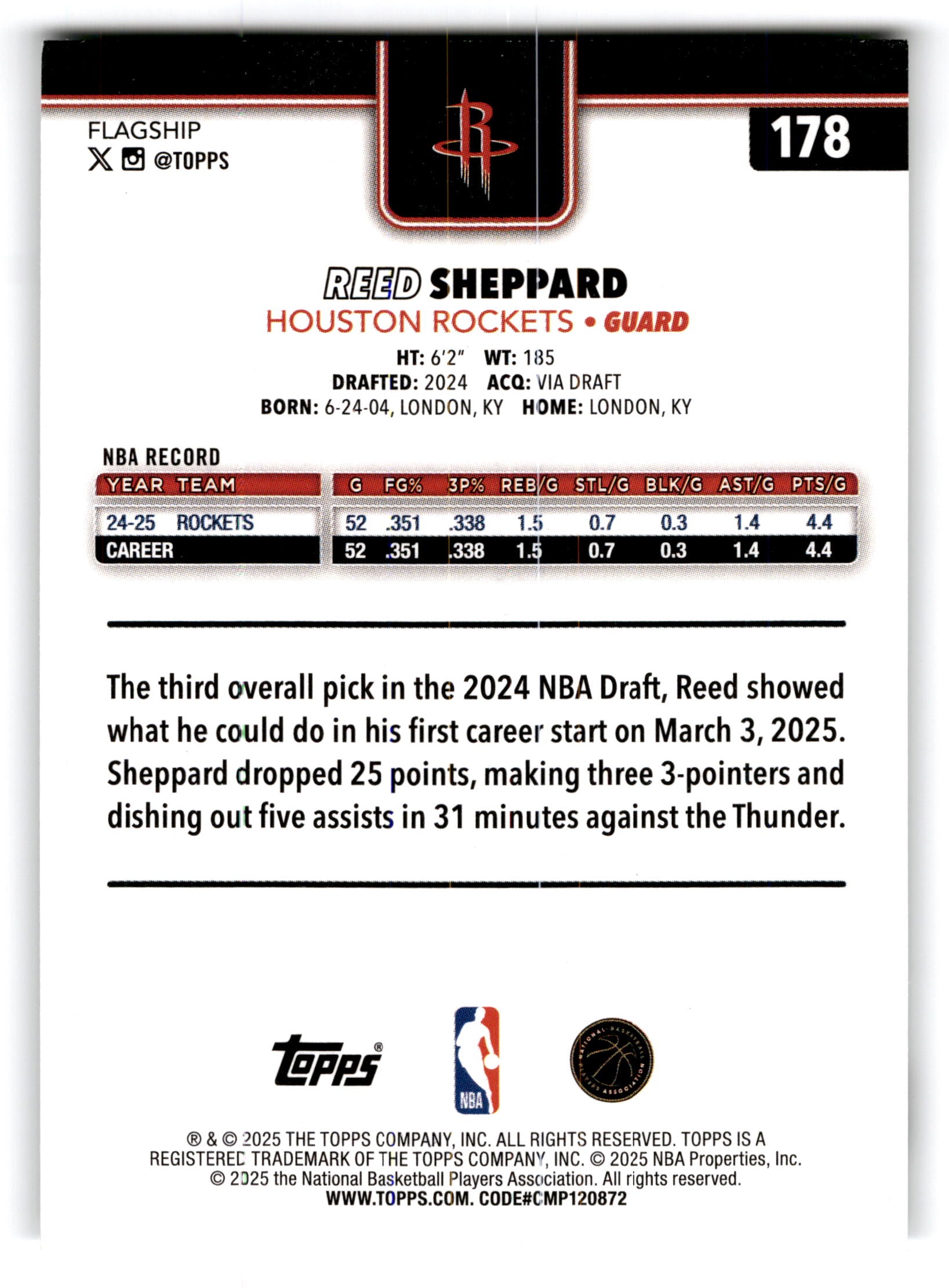 2025 Topps Flagship Reed Sheppard #178