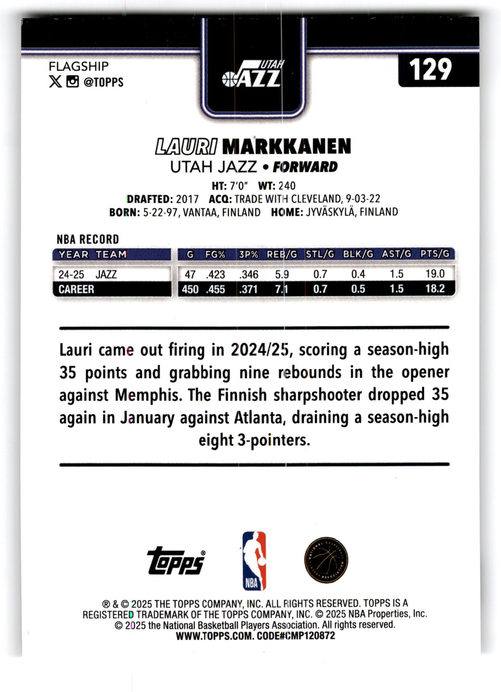 2025 Topps Flagship Lauri Markkanen #129