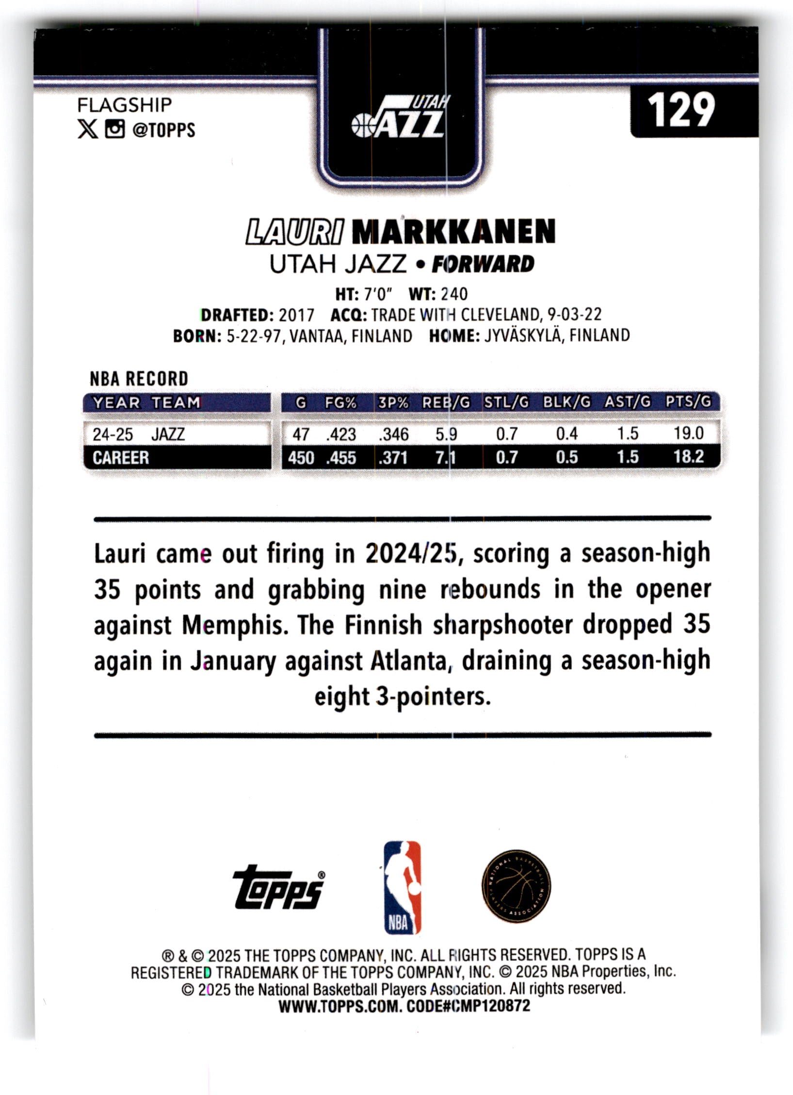 2025 Topps Flagship Lauri Markkanen #129