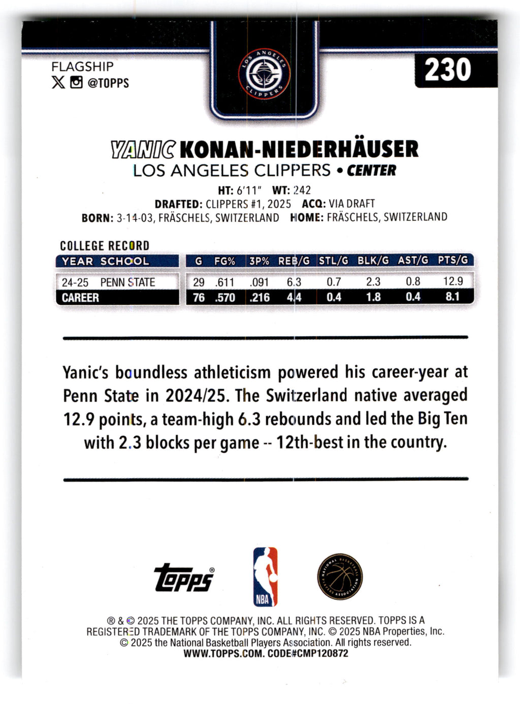 2025 Topps Basketball Yanic Konan-Niederhäuser #230 RC