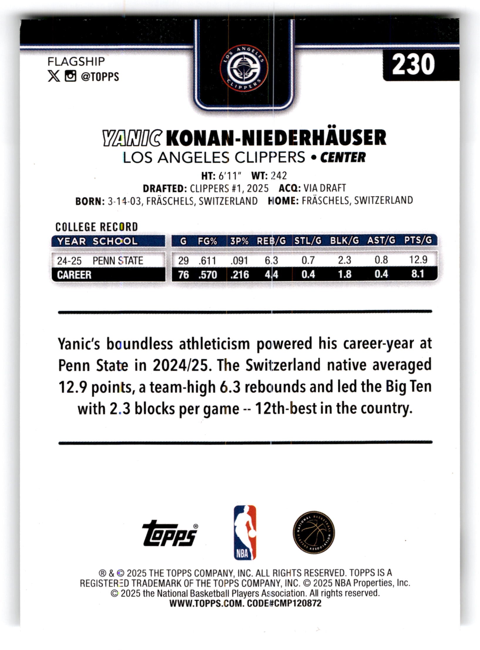 2025 Topps Basketball Yanic Konan-Niederhäuser #230 RC
