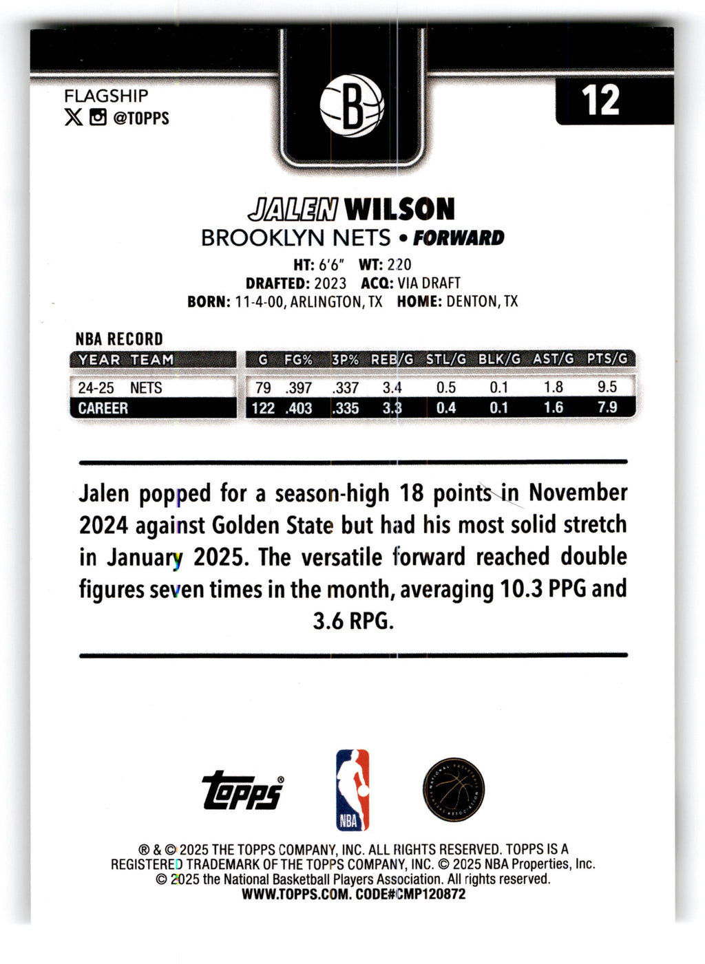 2025 Topps Basketball Jalen Wilson #12
