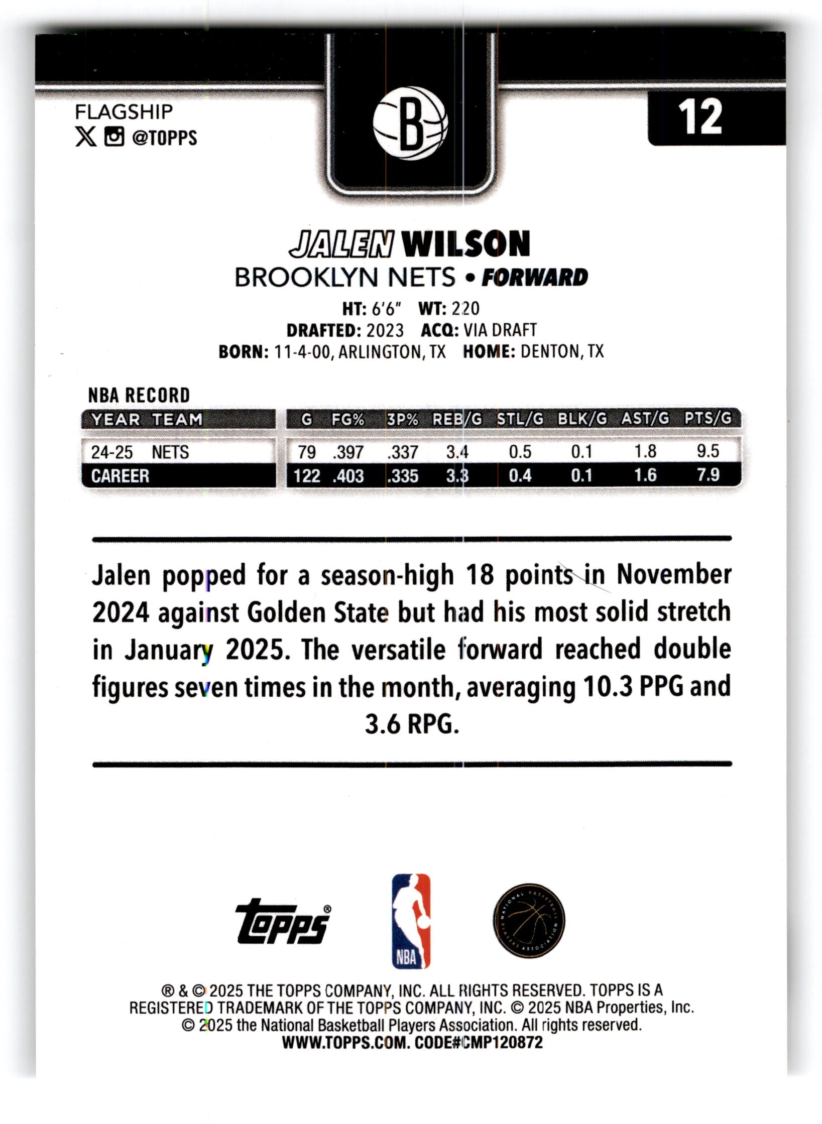 2025 Topps Basketball Jalen Wilson #12