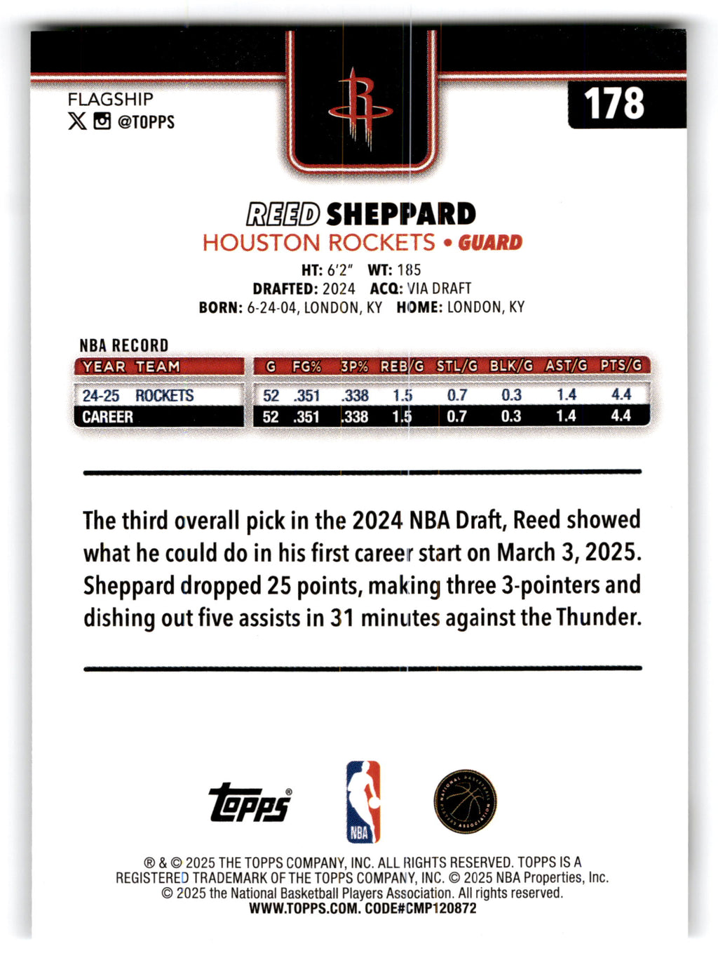 2025 Topps Flagship Reed Sheppard #178