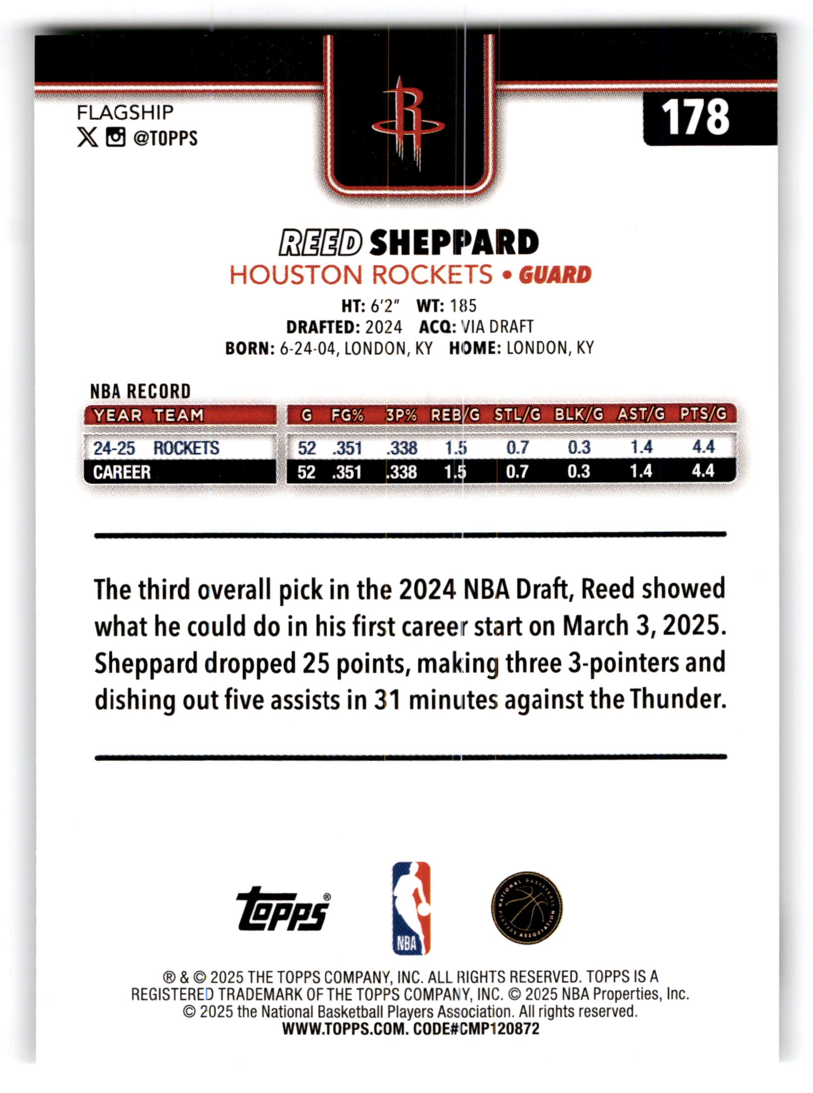 2025 Topps Flagship Reed Sheppard #178