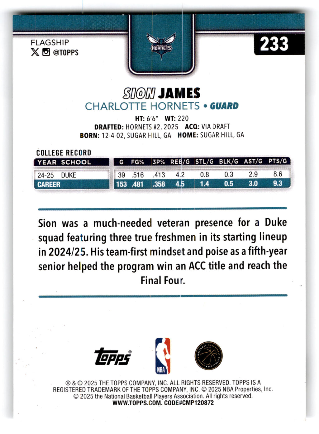 2025 Topps Basketball Sion James #233 RC