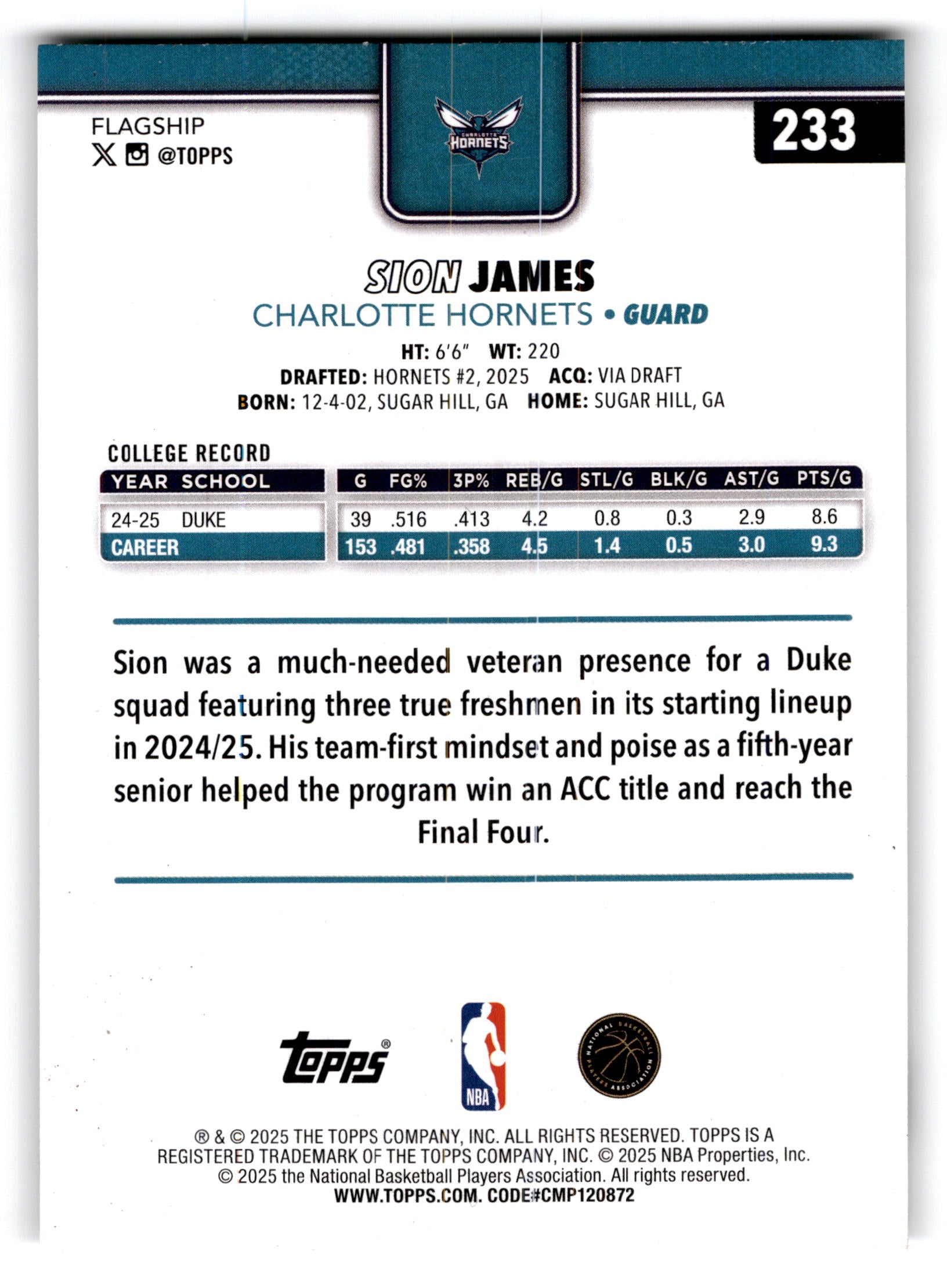 2025 Topps Basketball Sion James #233 RC