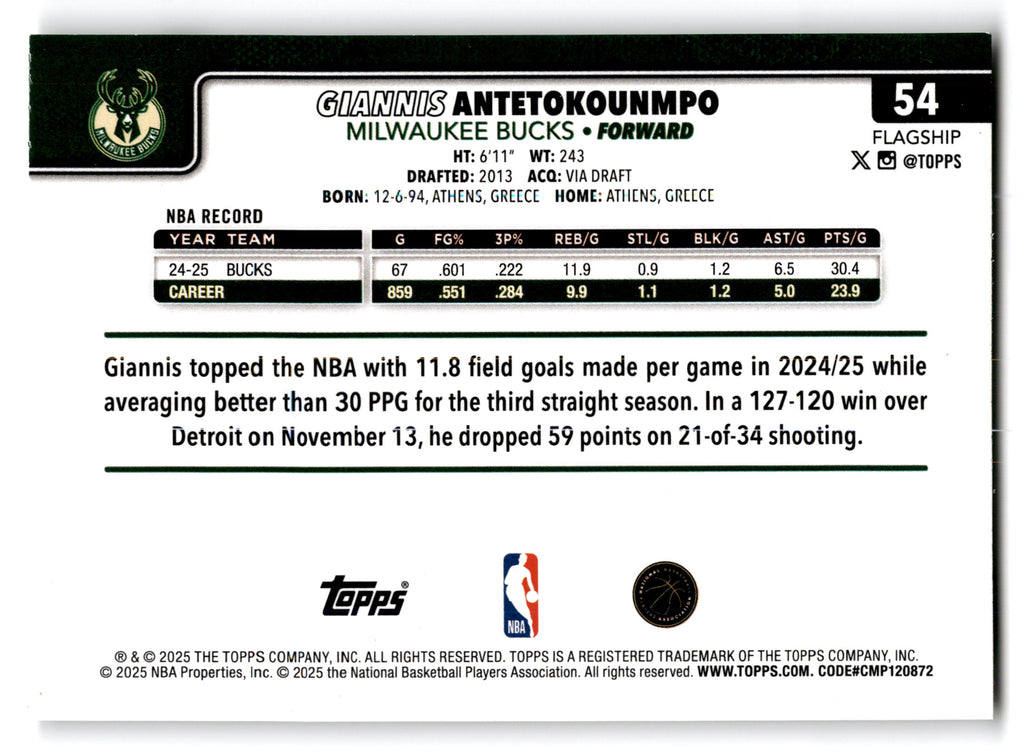 2025 Topps Flagship Giannis Antetokounmpo #54