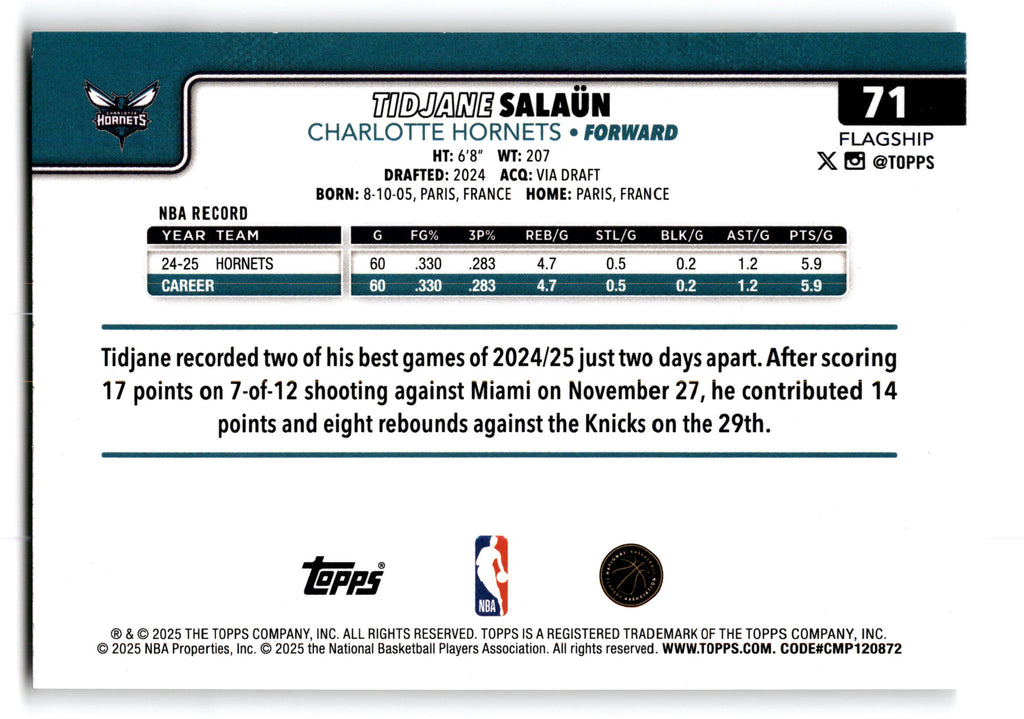 2025 Topps Basketball Flagship Tidjane Salaün #71