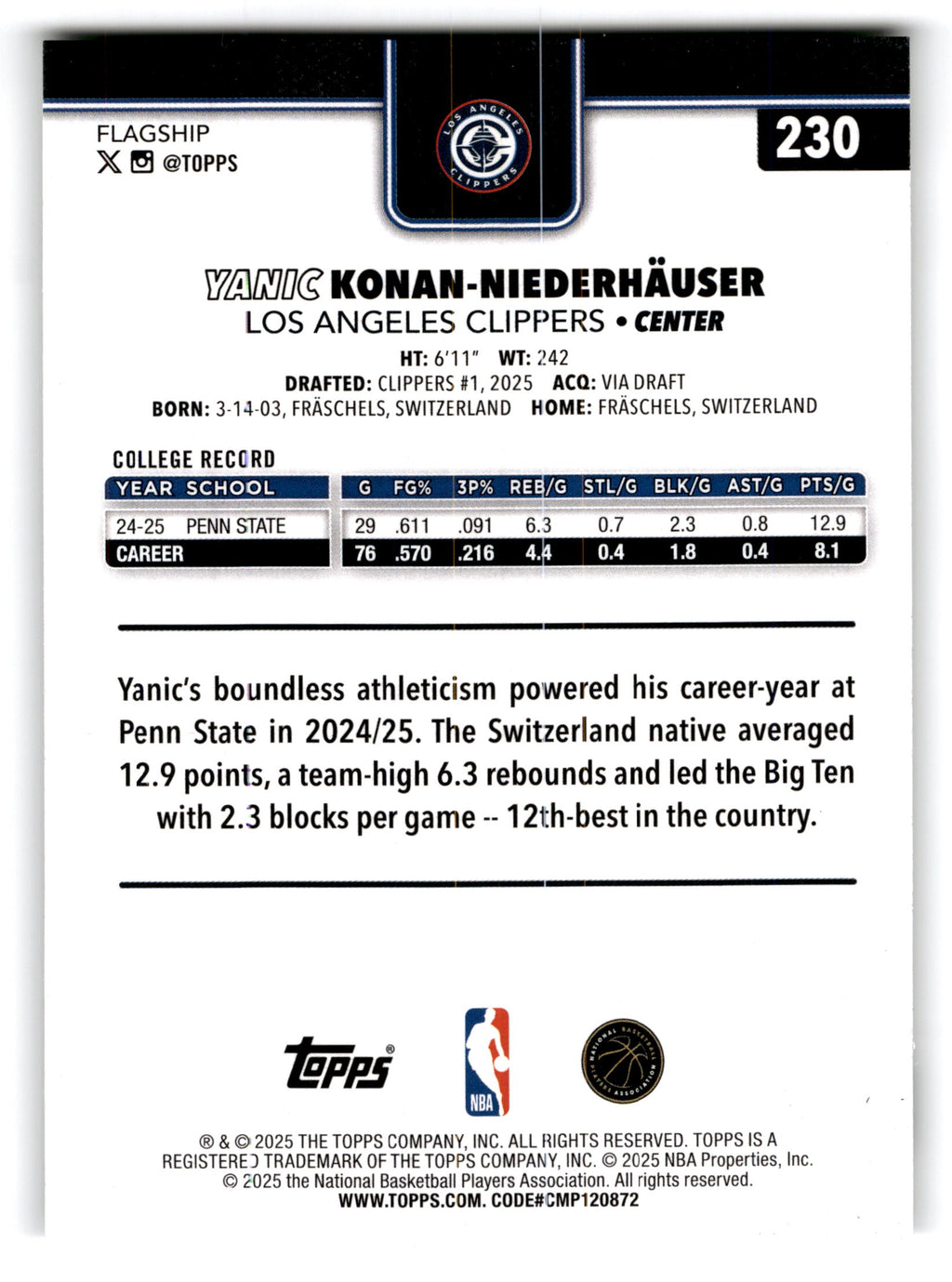 2025 Topps Flagship Yanic Konan-Niederhauser #230 RC
