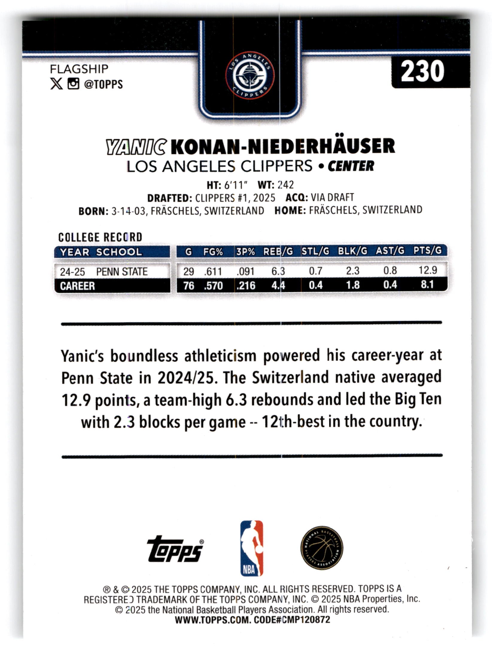 2025 Topps Flagship Yanic Konan-Niederhauser #230 RC