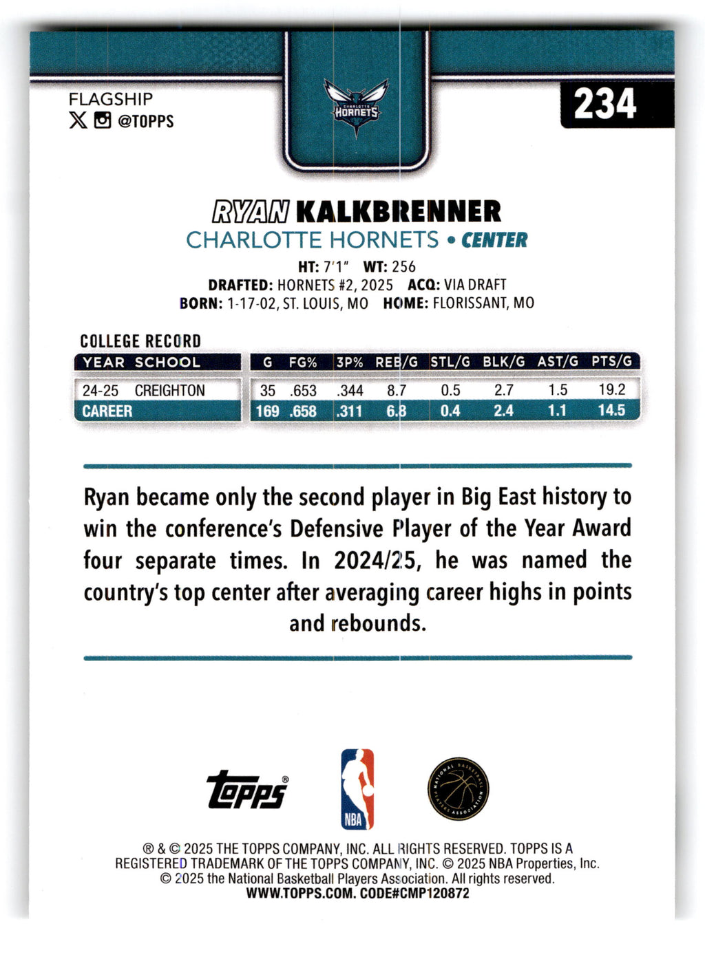 2025 Topps Flagship Ryan Kalkbrenner #234 RC