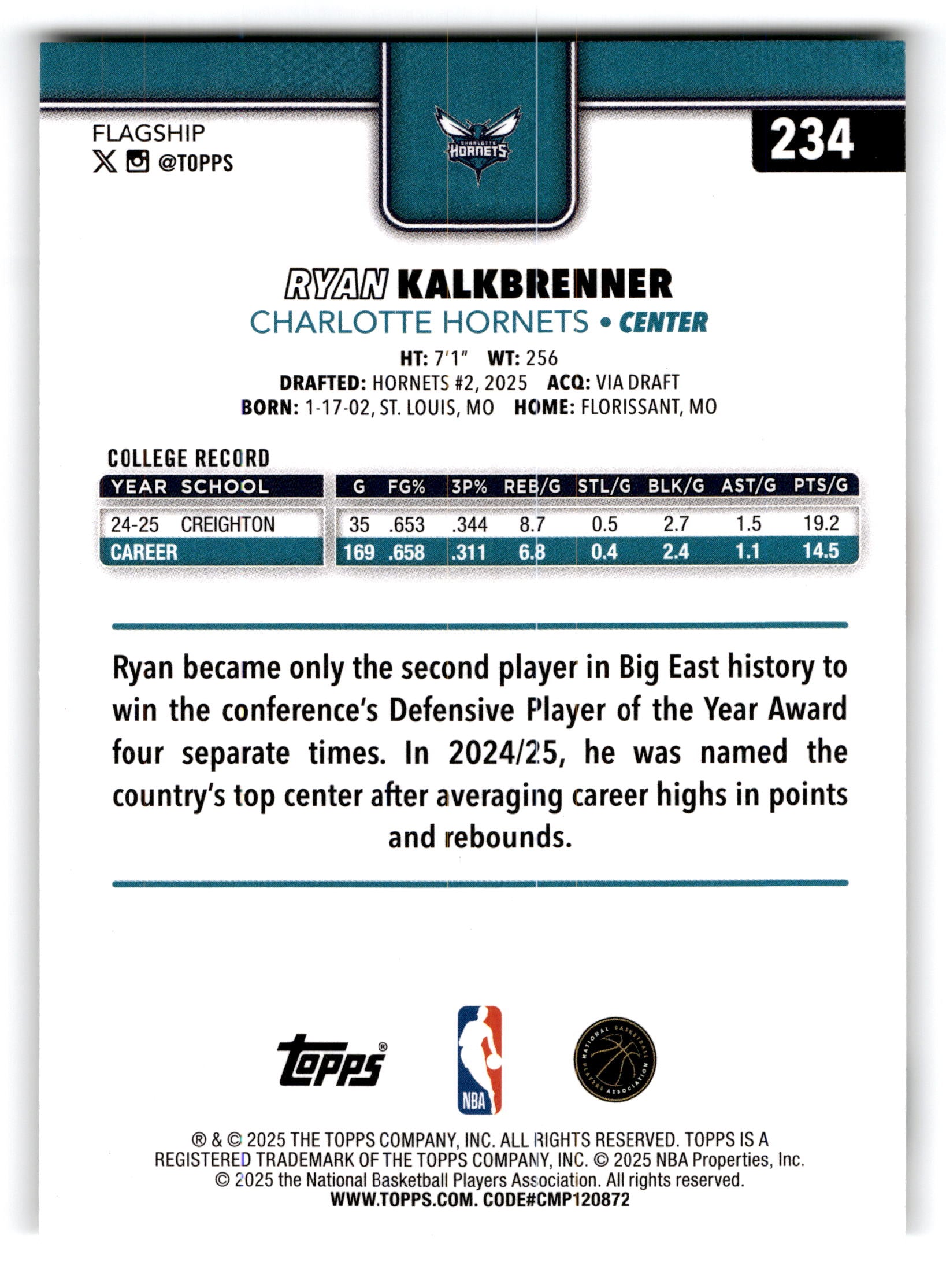 2025 Topps Flagship Ryan Kalkbrenner #234 RC