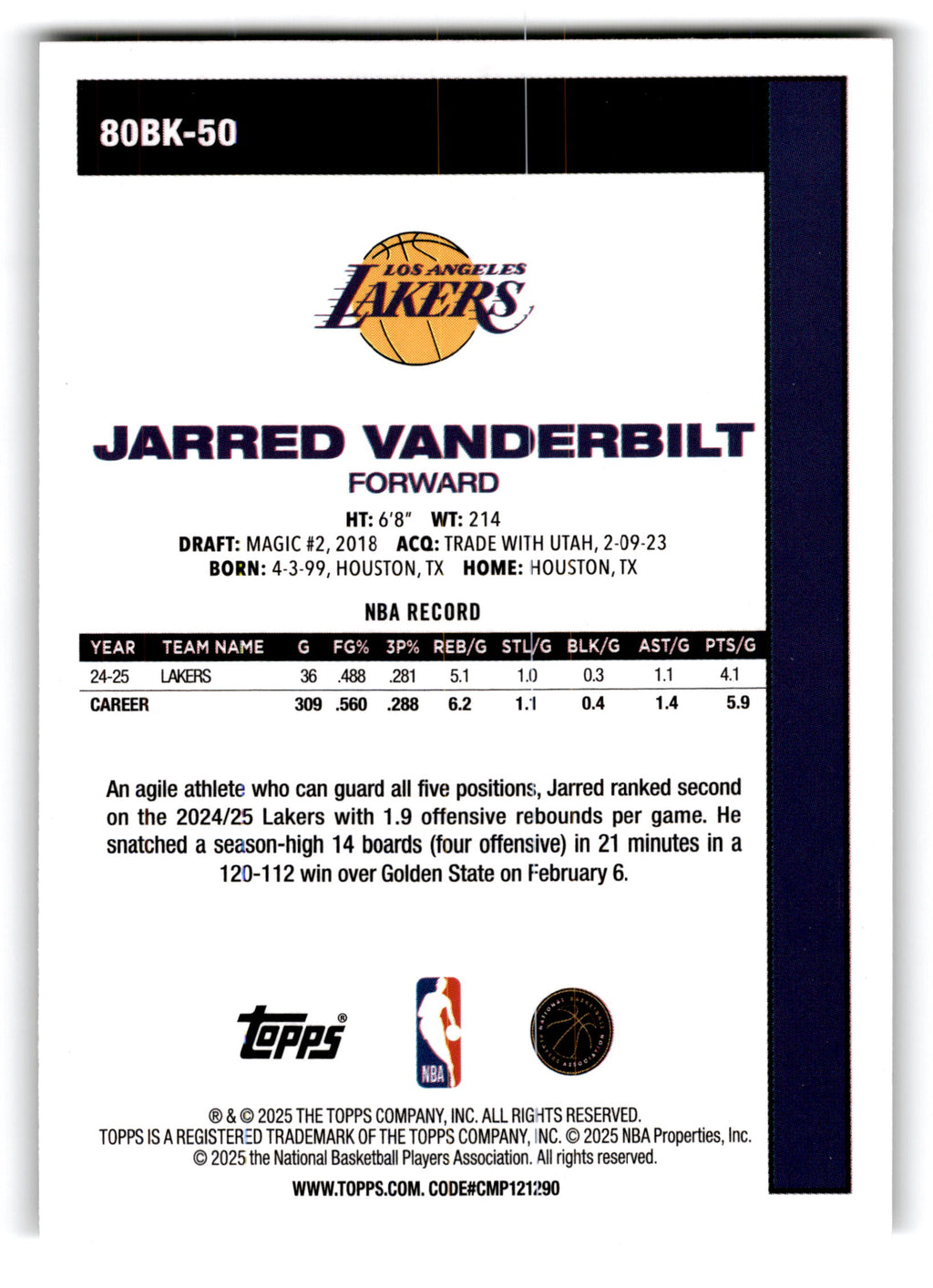 2025 Topps Jarred Vanderbilt #80BK-50