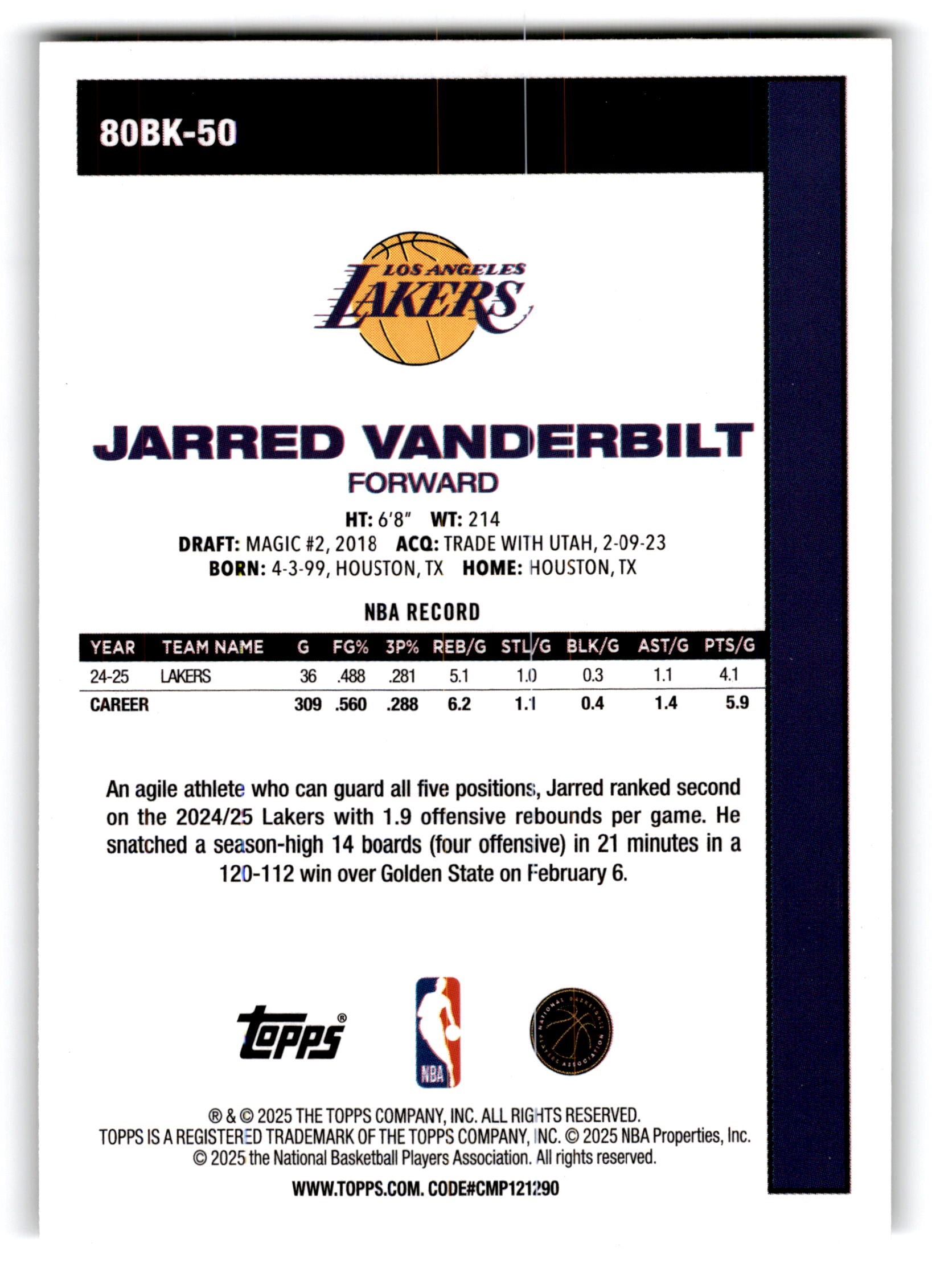 2025 Topps Jarred Vanderbilt #80BK-50