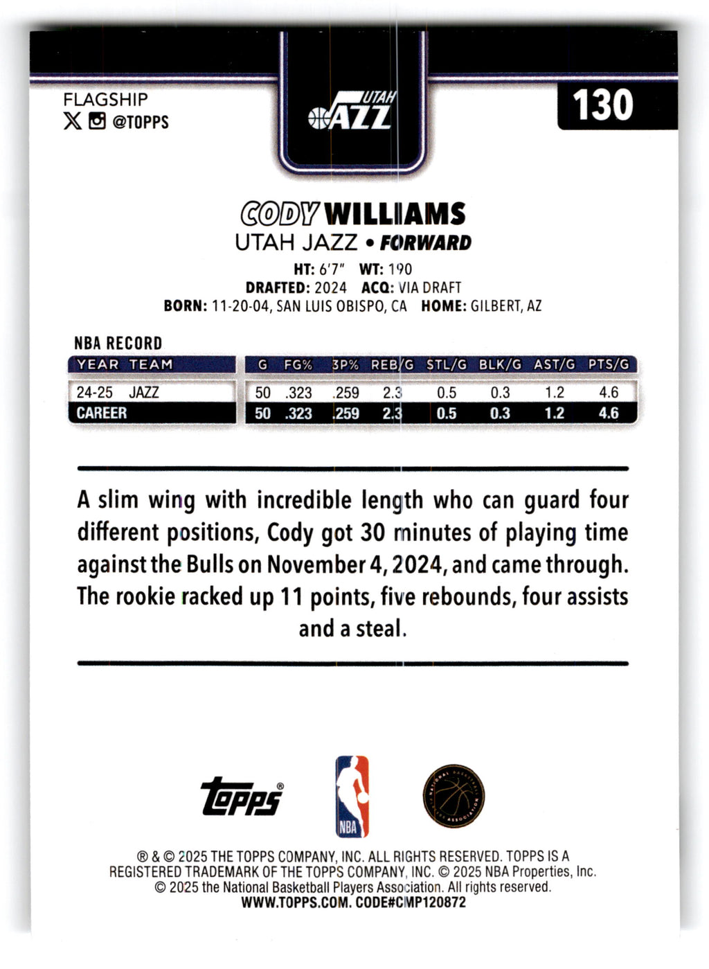 2025 Topps Flagship Cody Williams #130