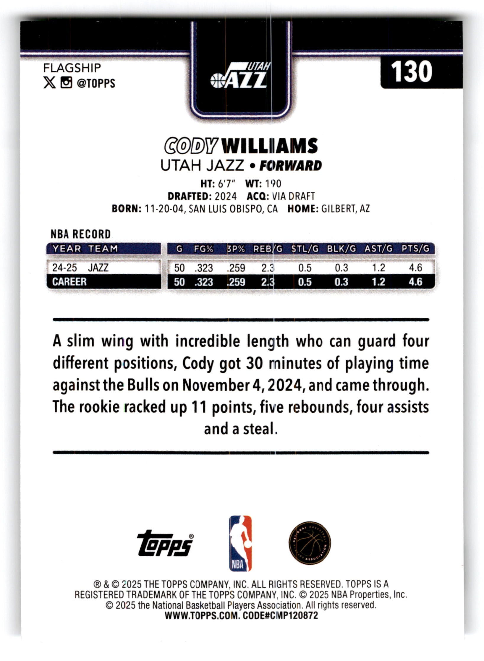 2025 Topps Flagship Cody Williams #130