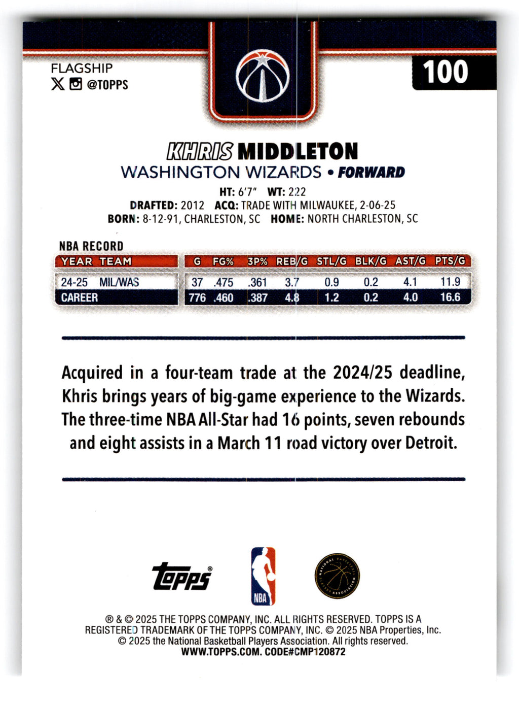 2025 Topps Flagship Khris Middleton #100
