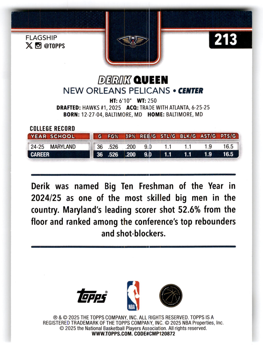 2025 Topps Flagship Derik Queen #213 RC