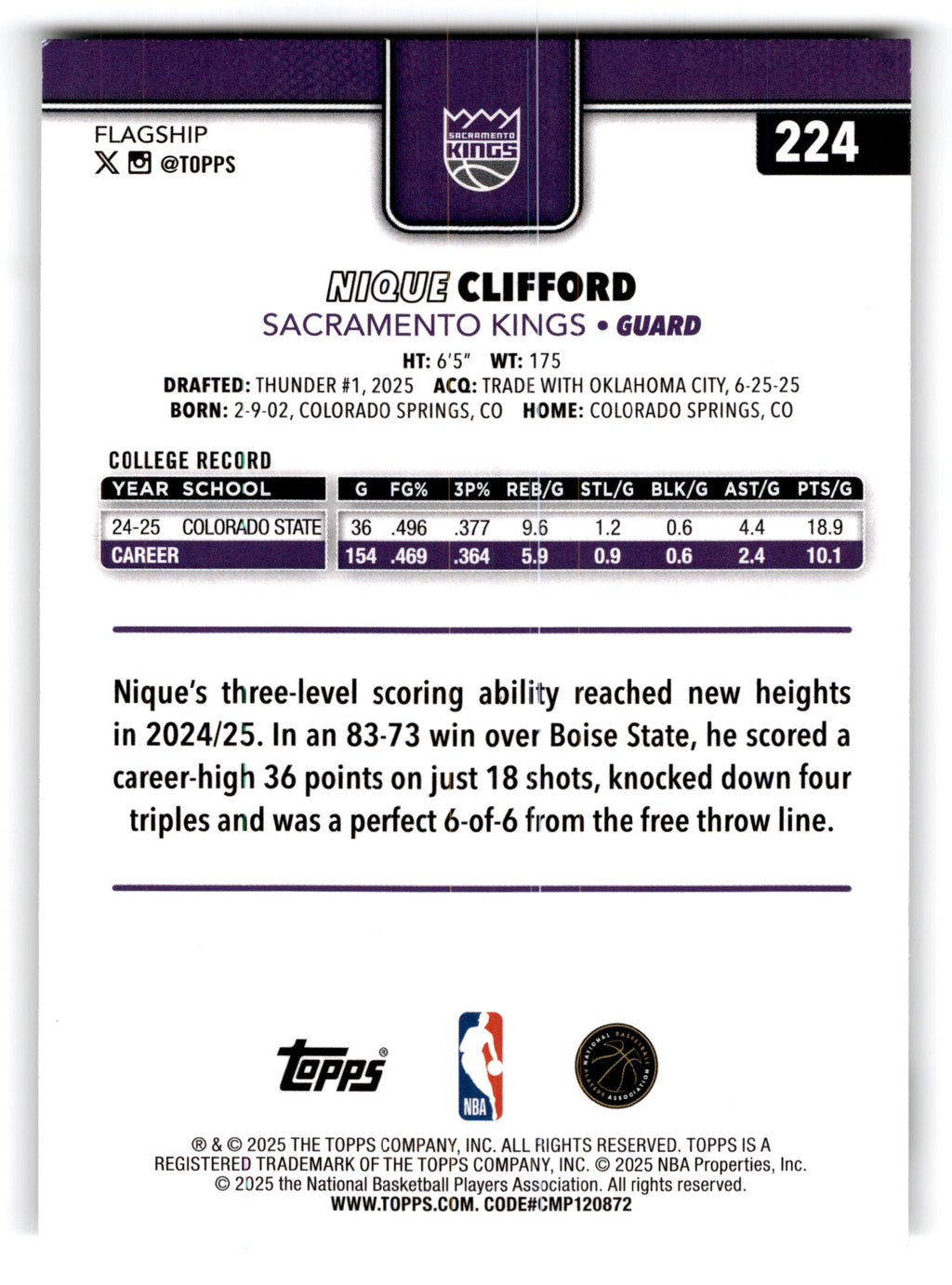 2025 Topps Flagship Basketball Nique Clifford #224 RC