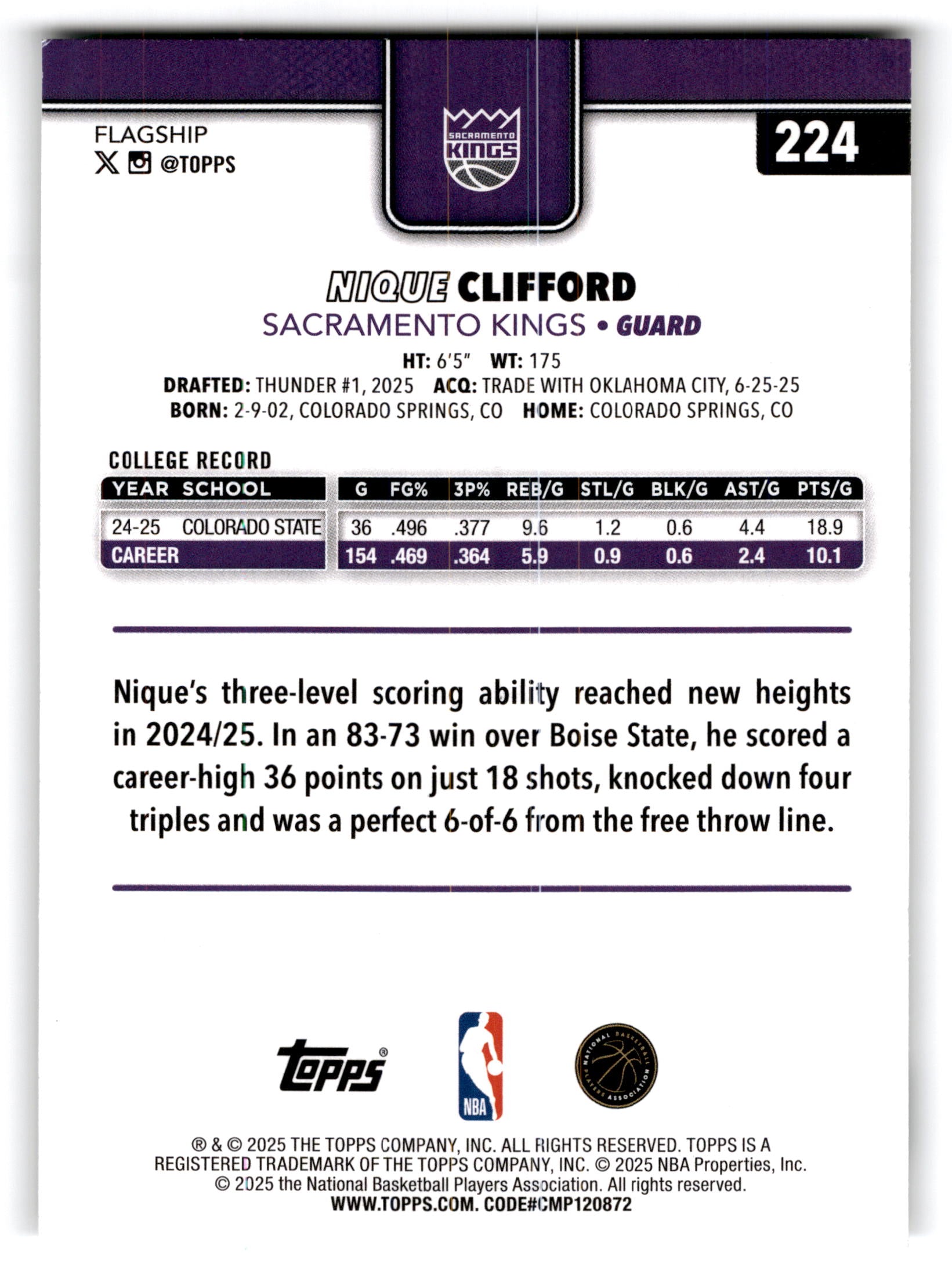 2025 Topps Flagship Basketball Nique Clifford #224 RC