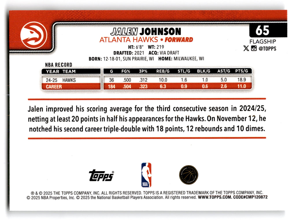 2025 Topps Flagship Jalen Johnson #65