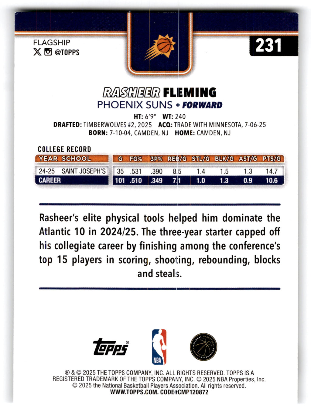 2025 Topps Flagship Rasheer Fleming #231 RC