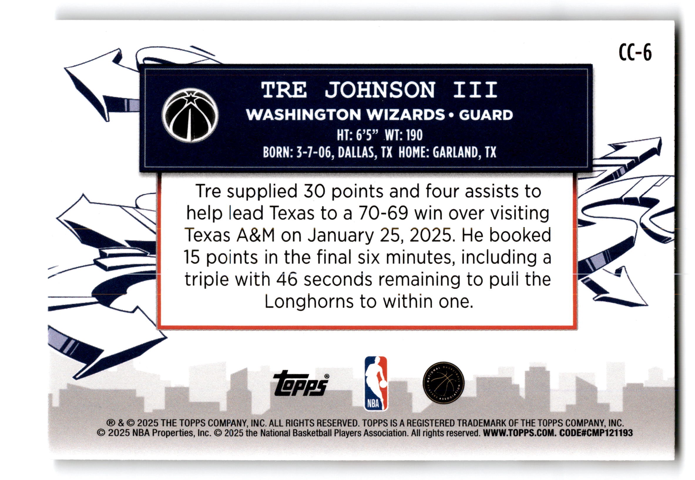 2025 Topps Clutch City Prospects Tre Johnson III #CC-6 RC
