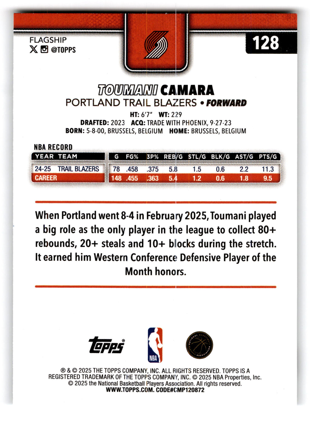 2025 Topps Basketball Toumani Camara #128