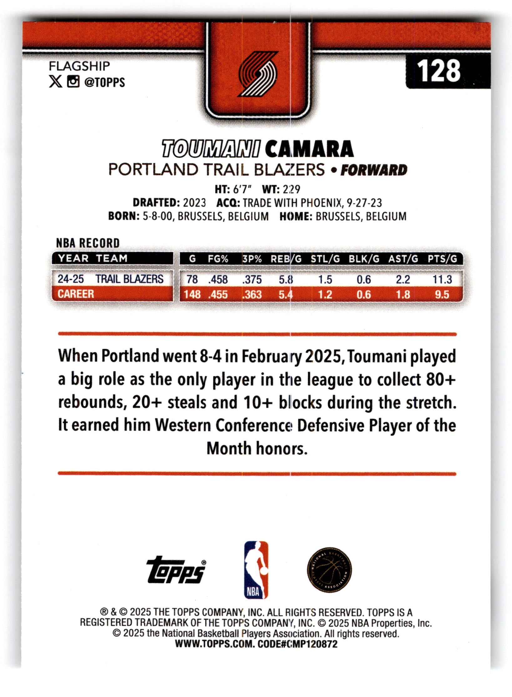 2025 Topps Basketball Toumani Camara #128
