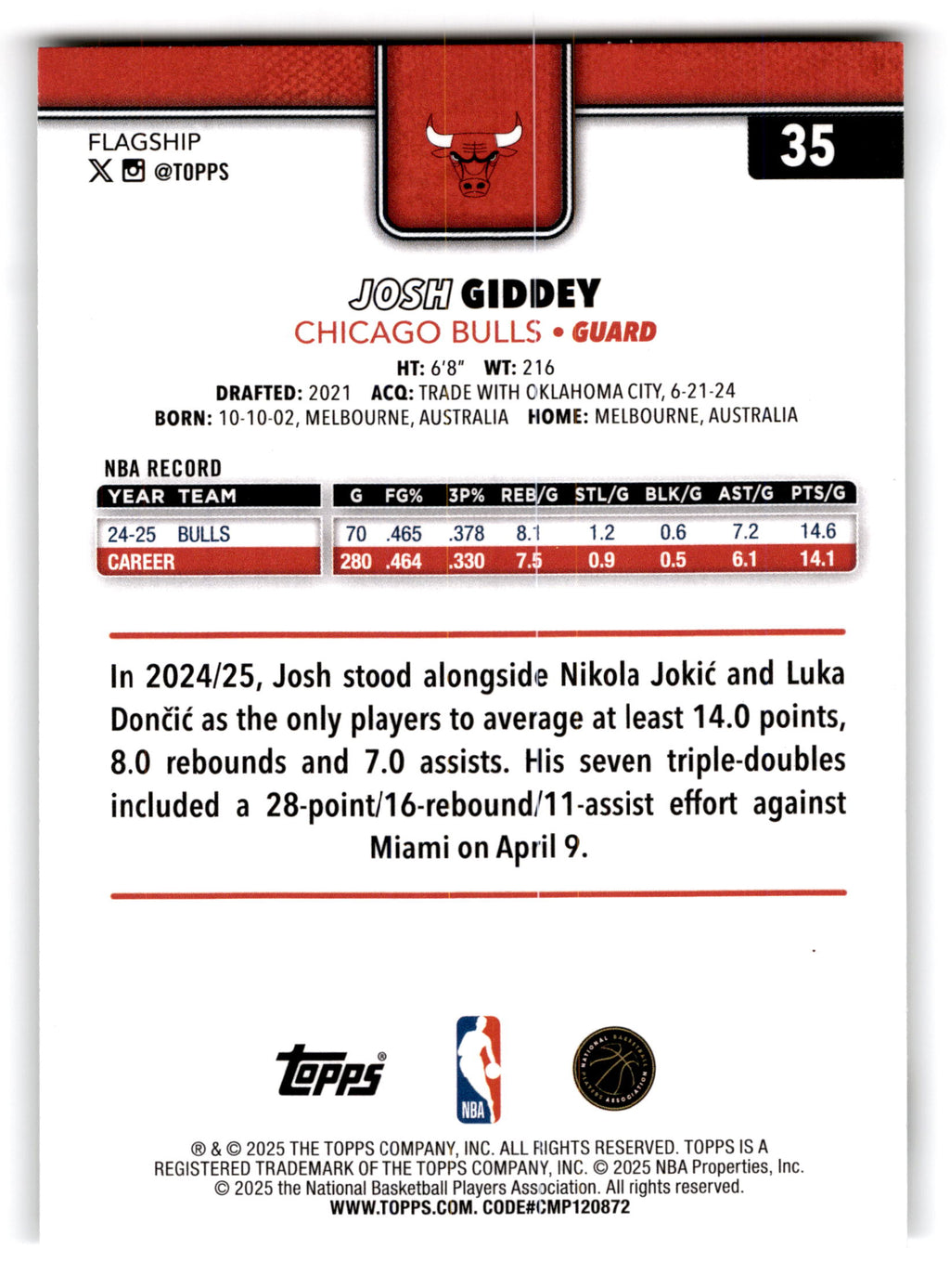 2025 Topps Flagship Josh Giddey #35
